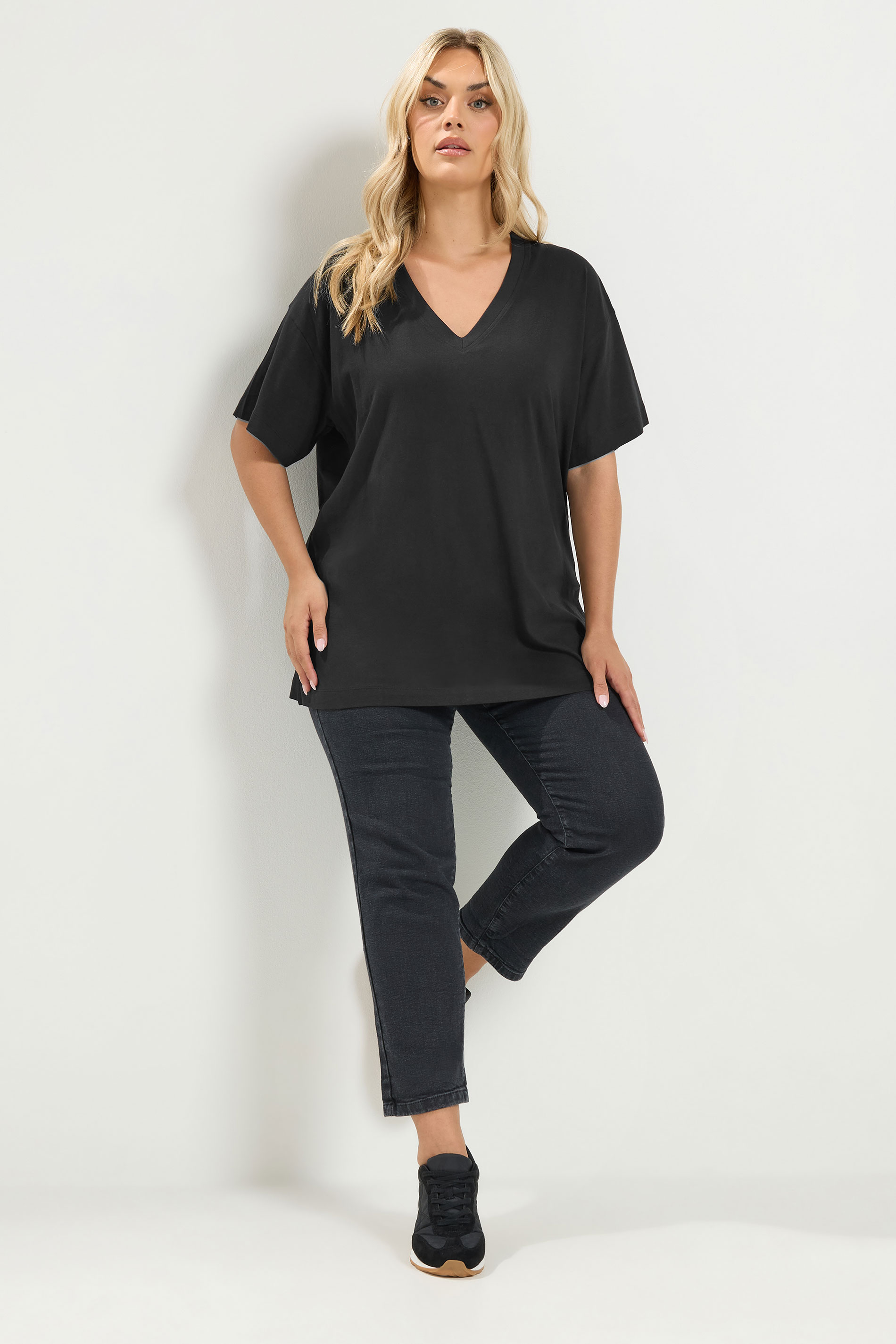 YOURS Plus Size Black V-neckline Longline T-Shirt | Yours Clothing 1