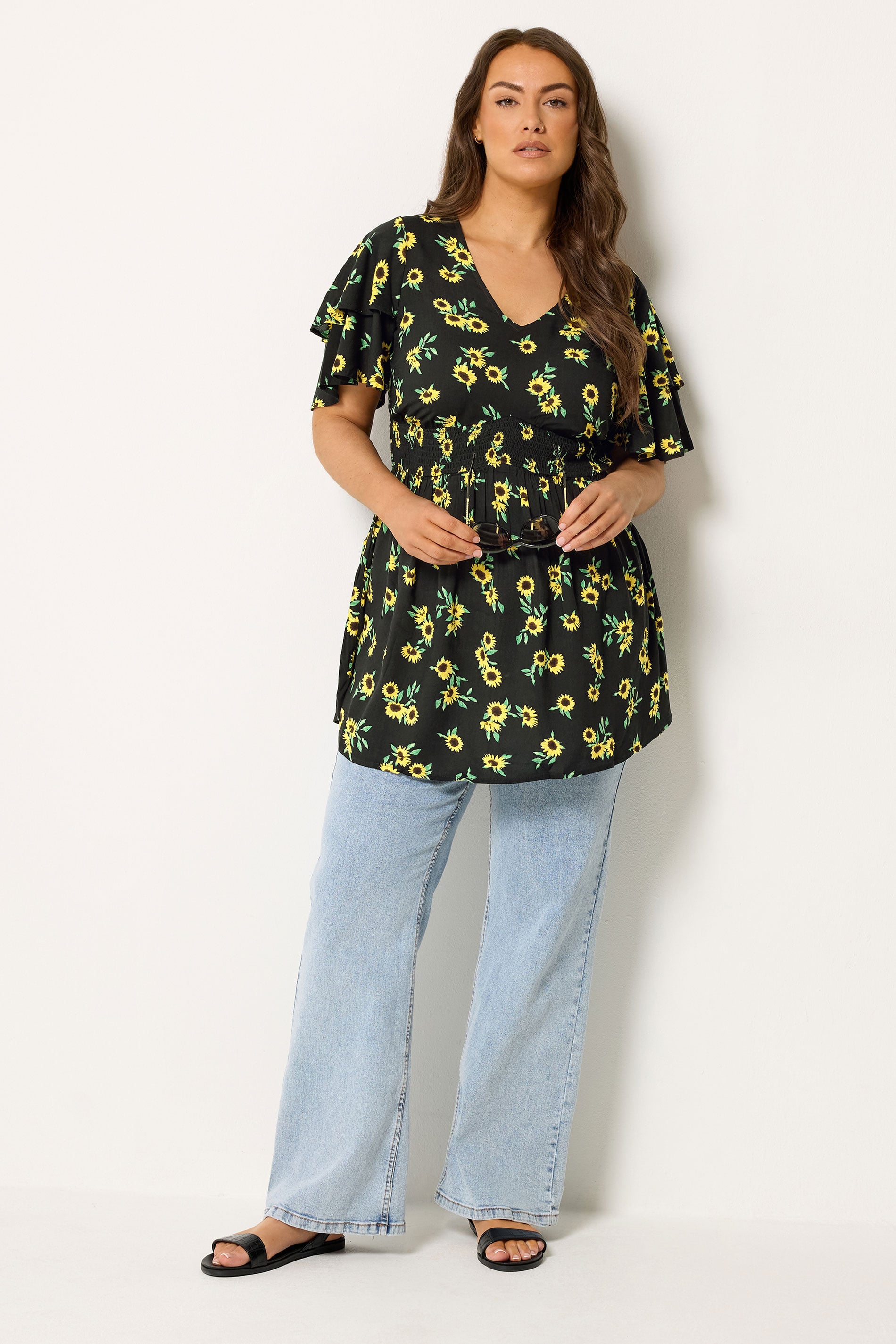 YOURS Plus Size Black Sunflower Print Flutter Sleeve Top | Yours Clothing 1