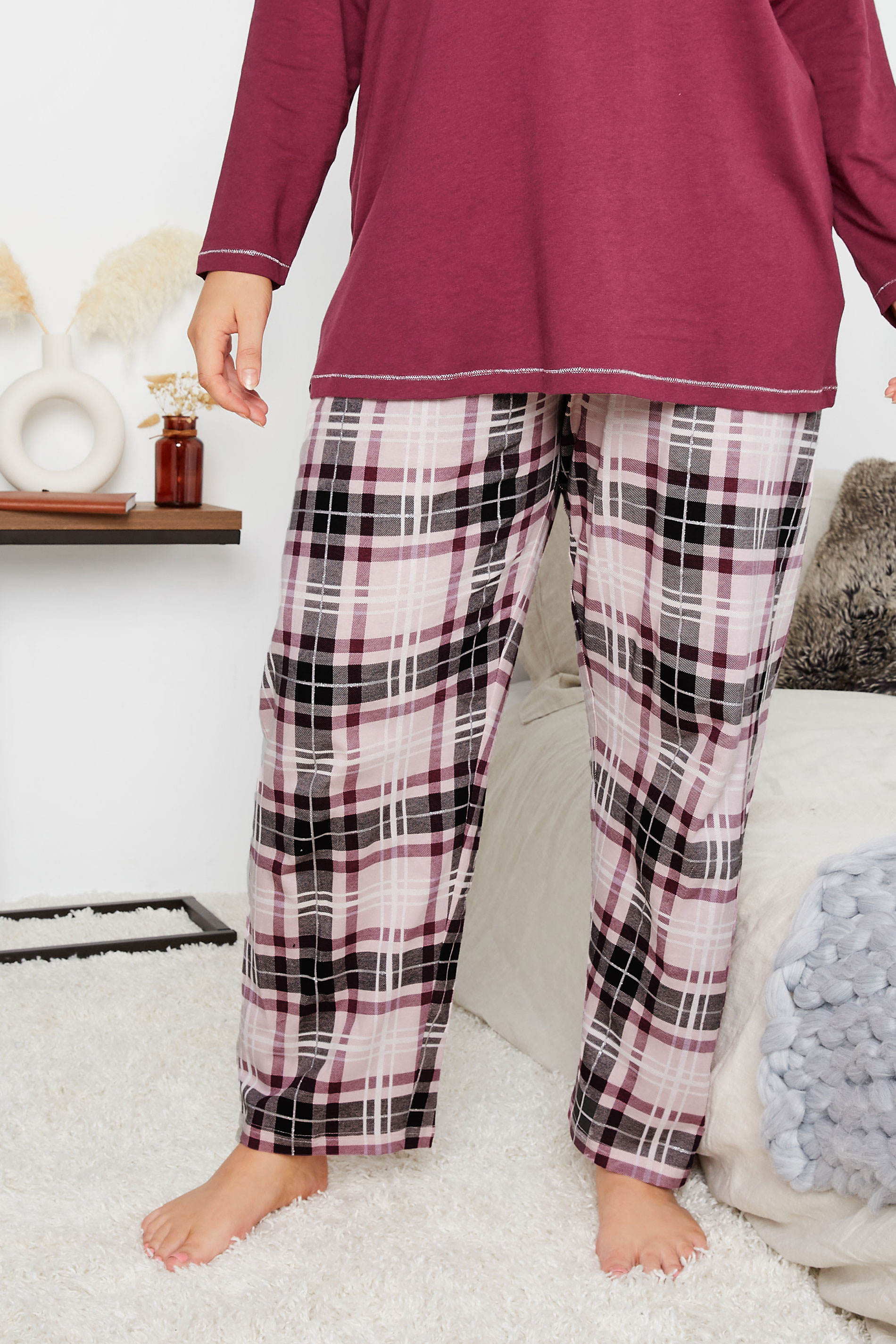 Plus Size Pink Check Wide Leg Pyjama Bottoms | Yours Clothing 3