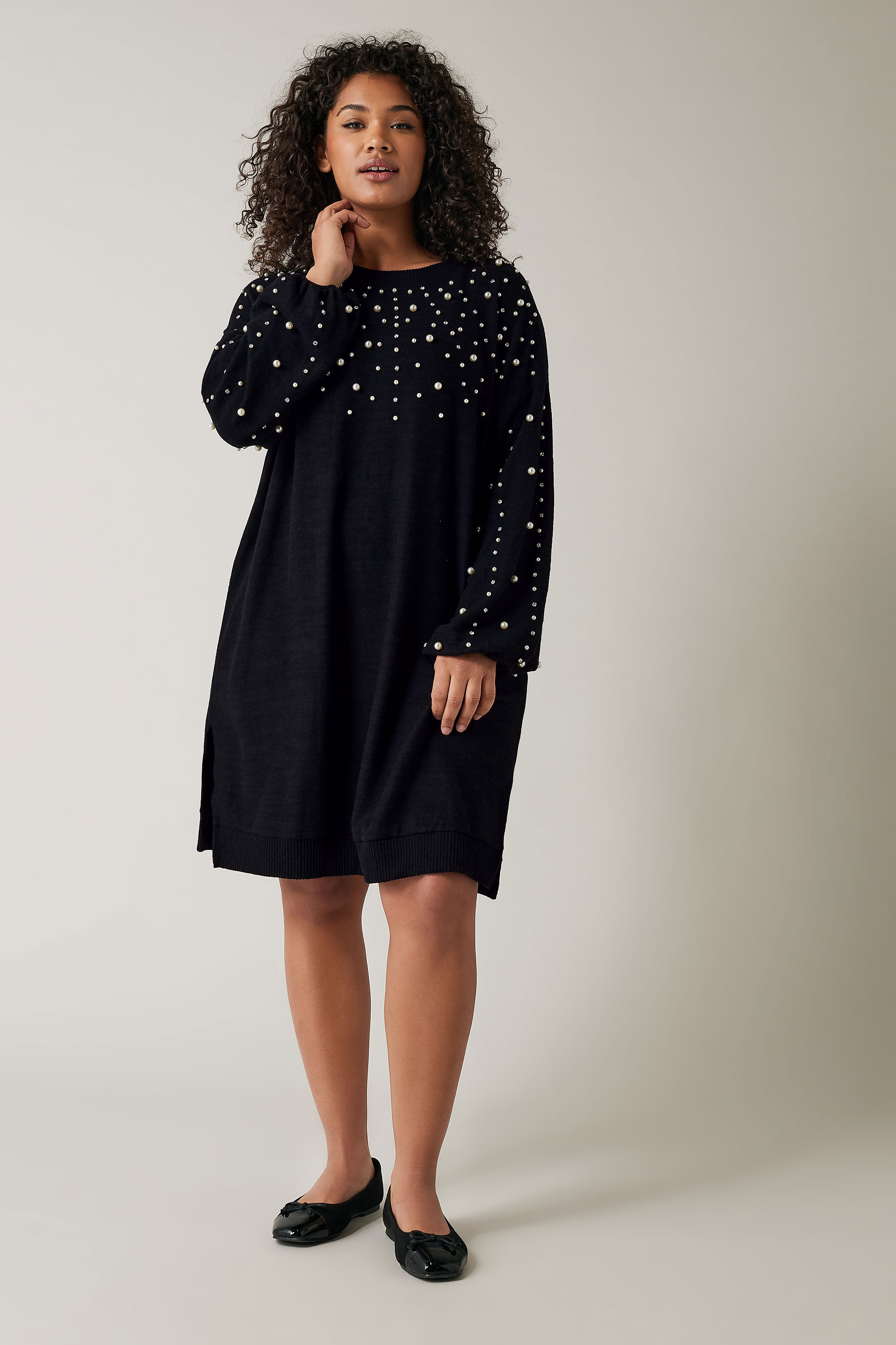 EVANS Plus Size Black Pearl Embellished Jumper Dress | Evans 3