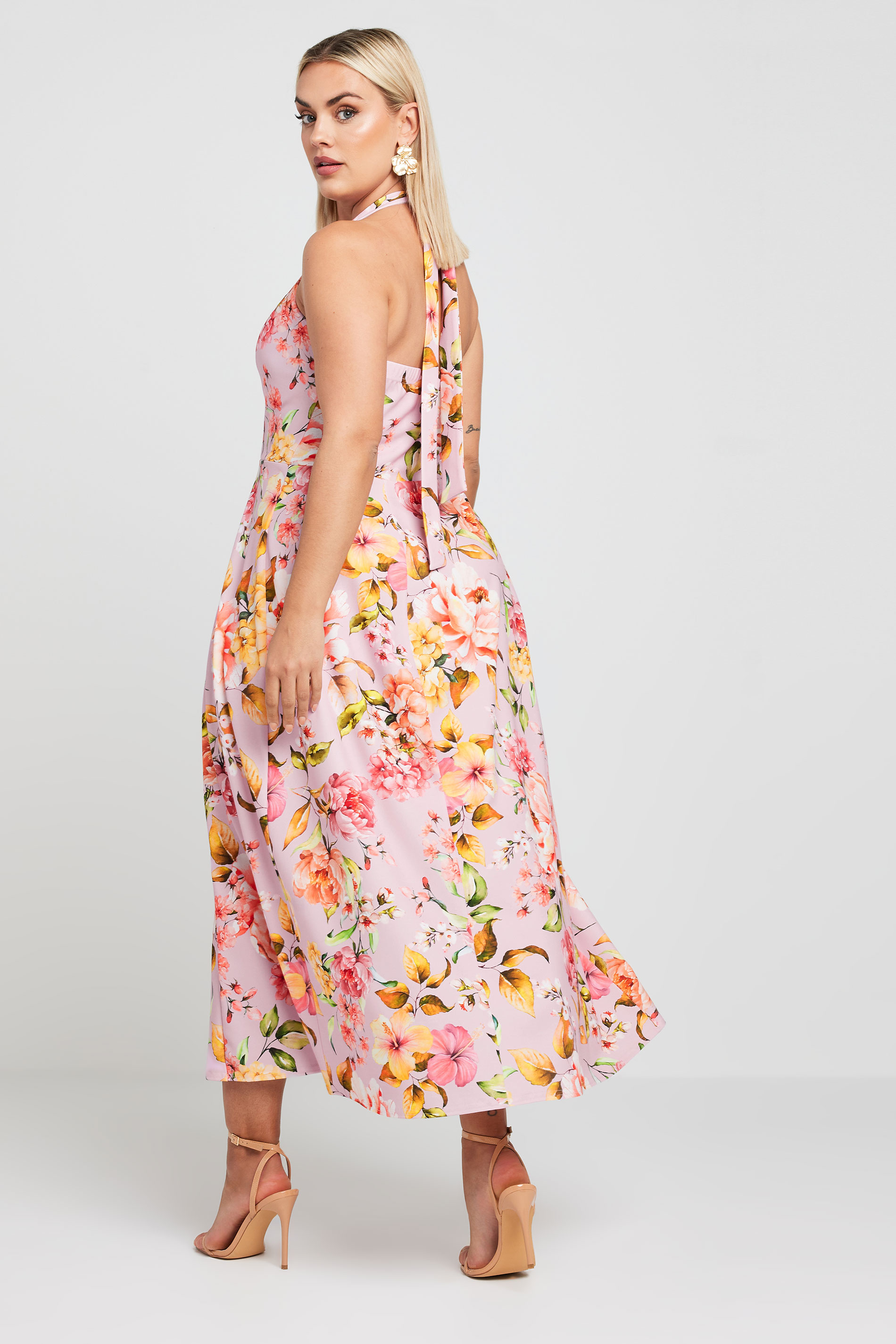 LIMITED COLLECTION Plus Size Pink Floral Print Halter Neck Midaxi Dress | Yours Clothing 3
