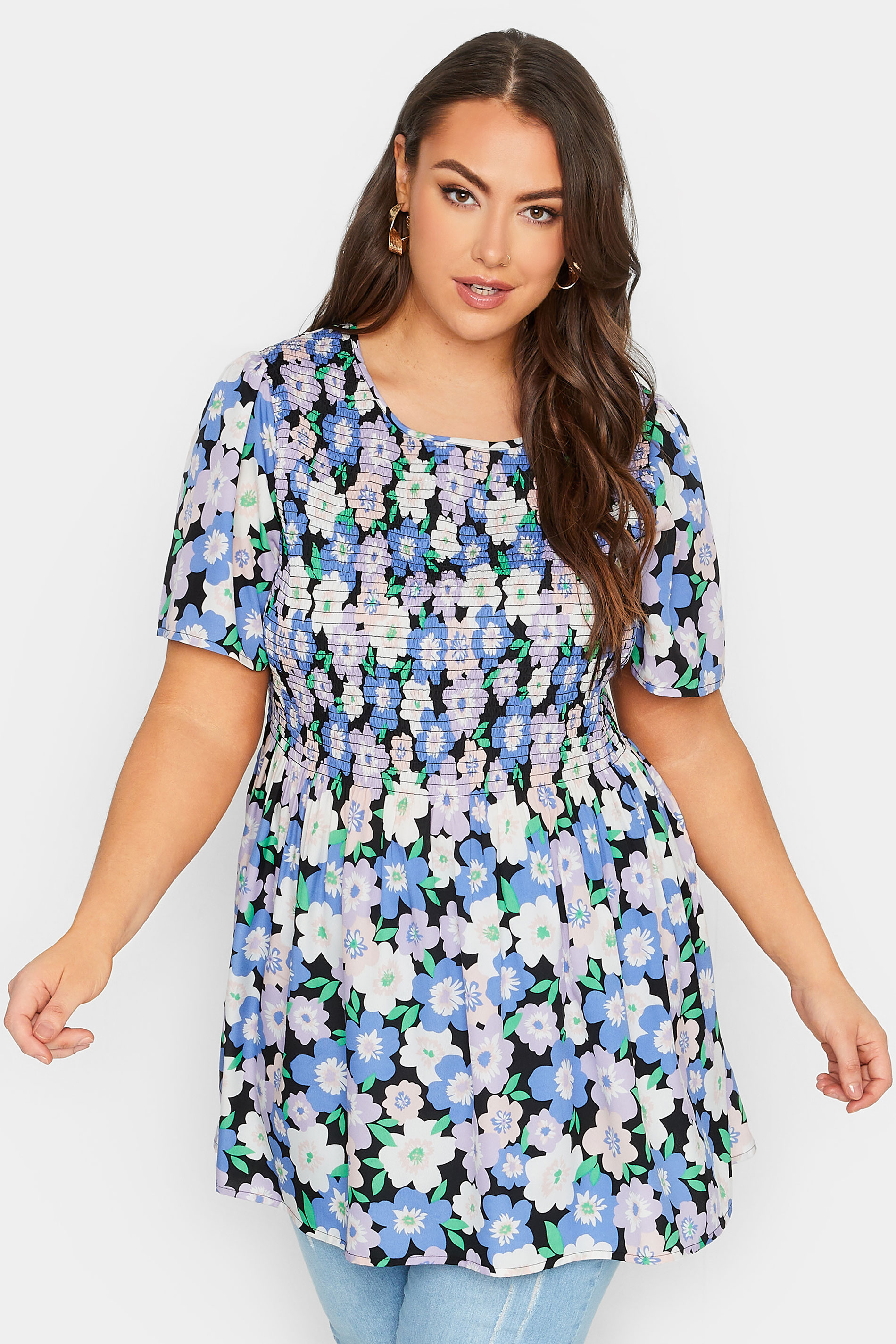 YOURS Plus Size Blue Floral Print Shirred Top | Yours Clothing 1