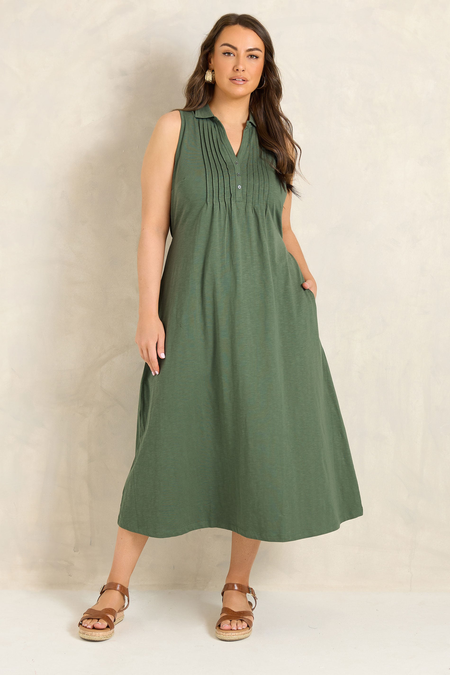 EVANS Plus Size Khaki Green Henley Maxi Dress | Evans 3
