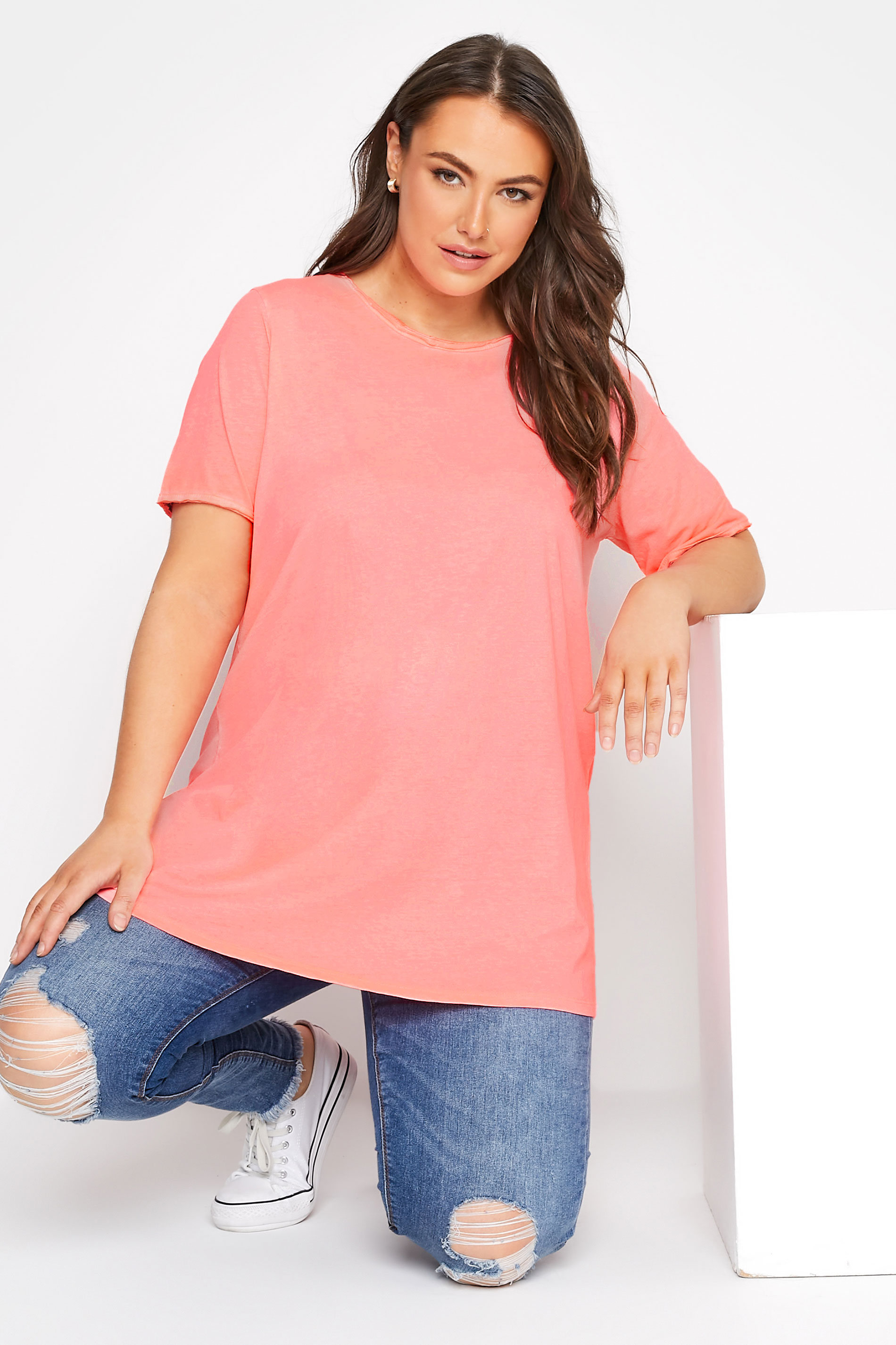 Grande taille  Tops Grande taille  T-Shirts | T-Shirt Rose Basique en Jersey Manches Effilochées - WH71157