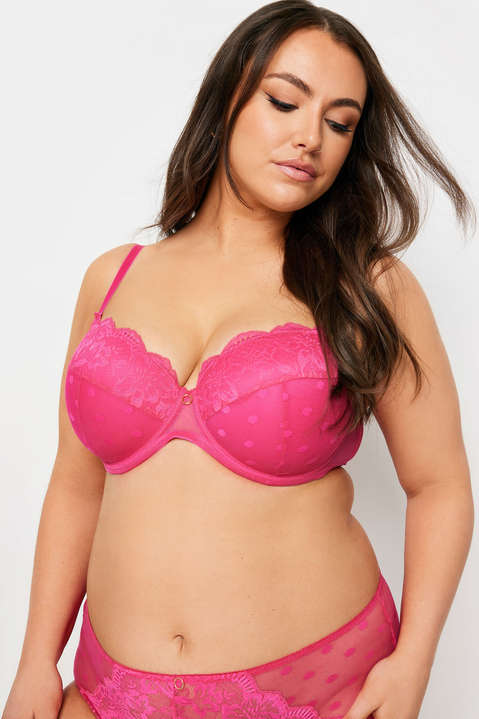 YOURS Plus Size Hot Pink Dot Print Lace Padded Bra | Yours Clothing 2