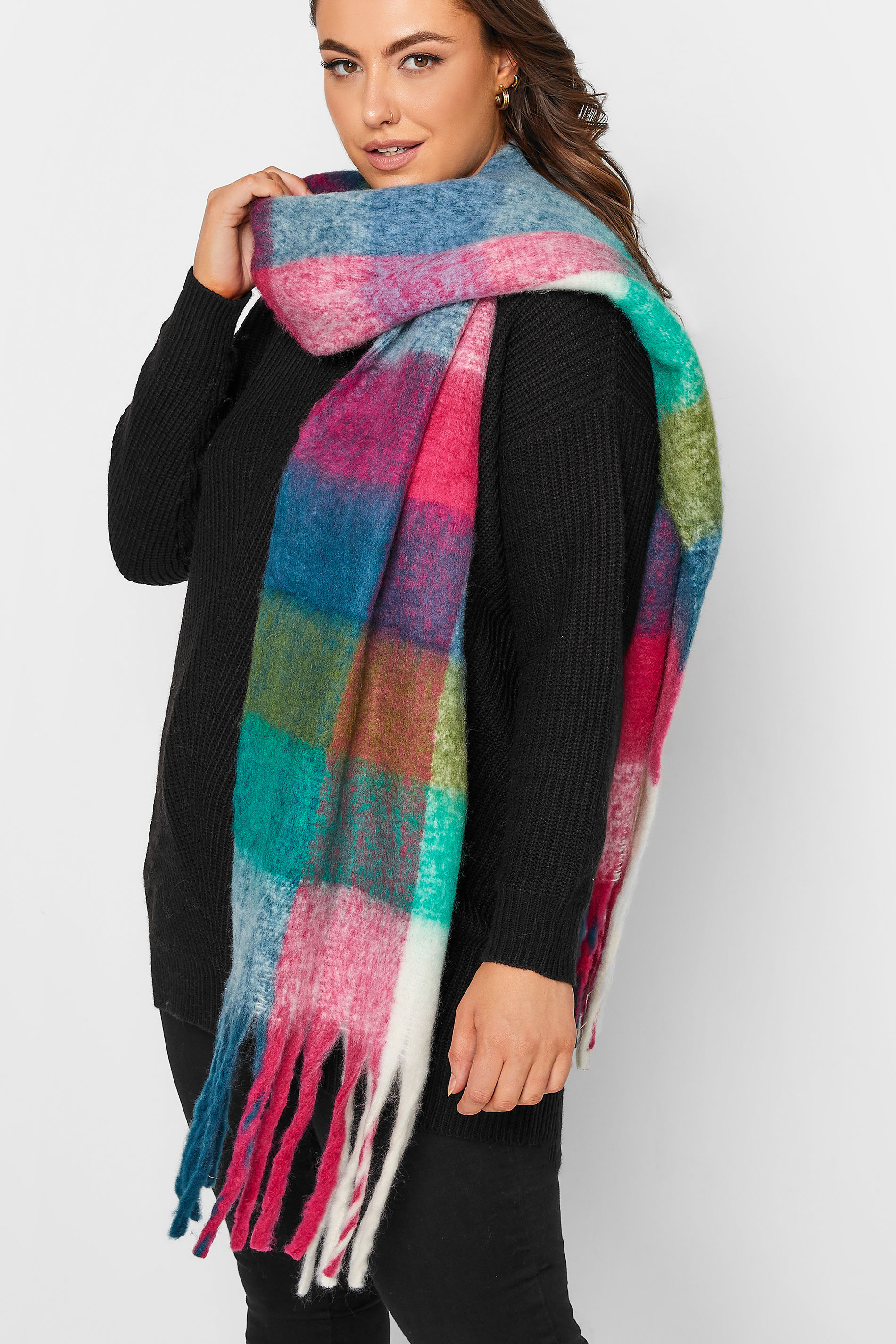 Pink & Green Block Check Chunky Tassel Scarf | Yours Clothing 1