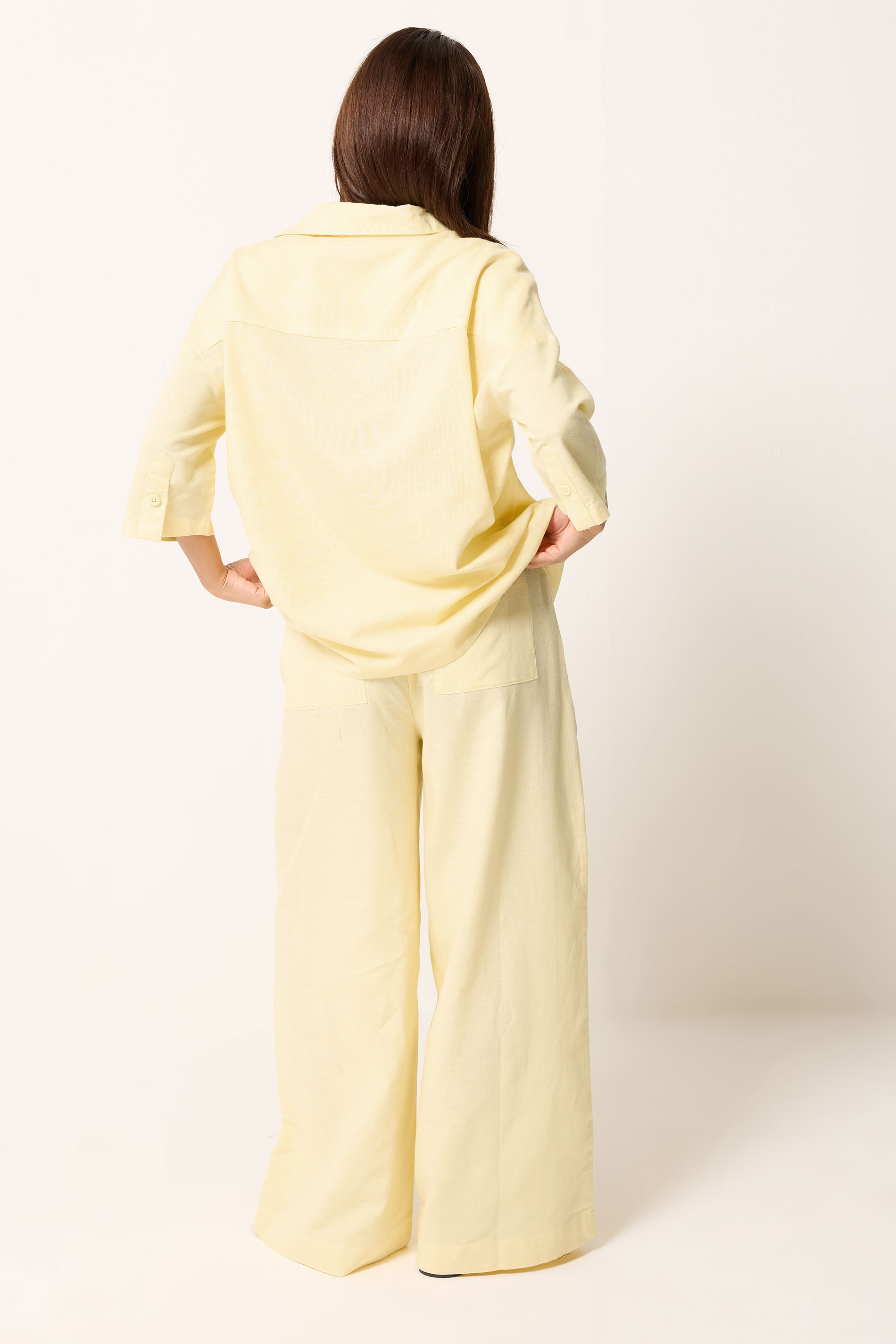 PixieGirl Petite Women's Set Yellow Linen Shirt & Wide Leg Trousers | PixieGirl 2