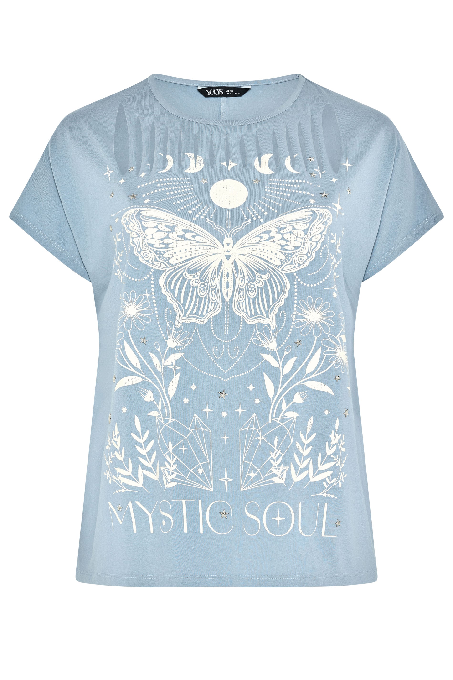 YOURS Plus Size Blue 'Mystic Soul' Laser Cut Slogan T-Shirt | Yours Clothing 5