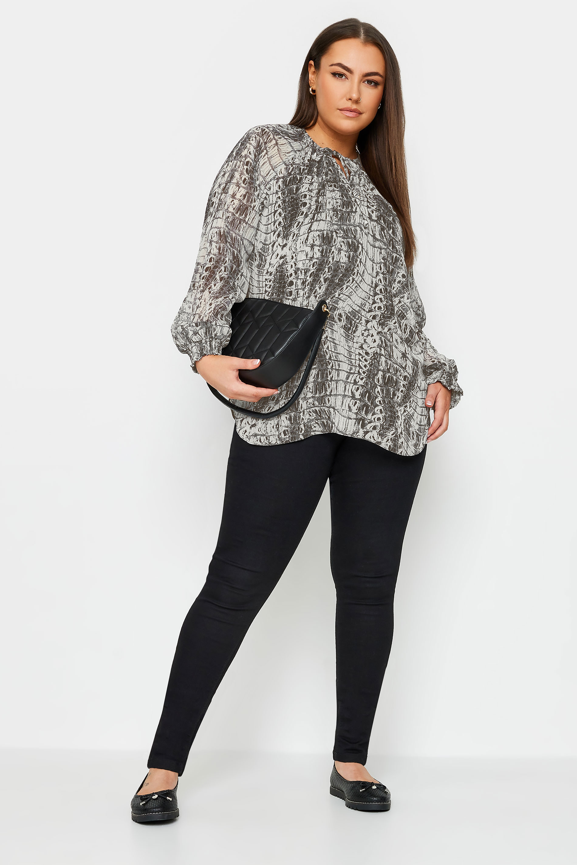 YOURS Plus Size Grey Snake Print Tie Neck Blouse | Yours Clothing 2