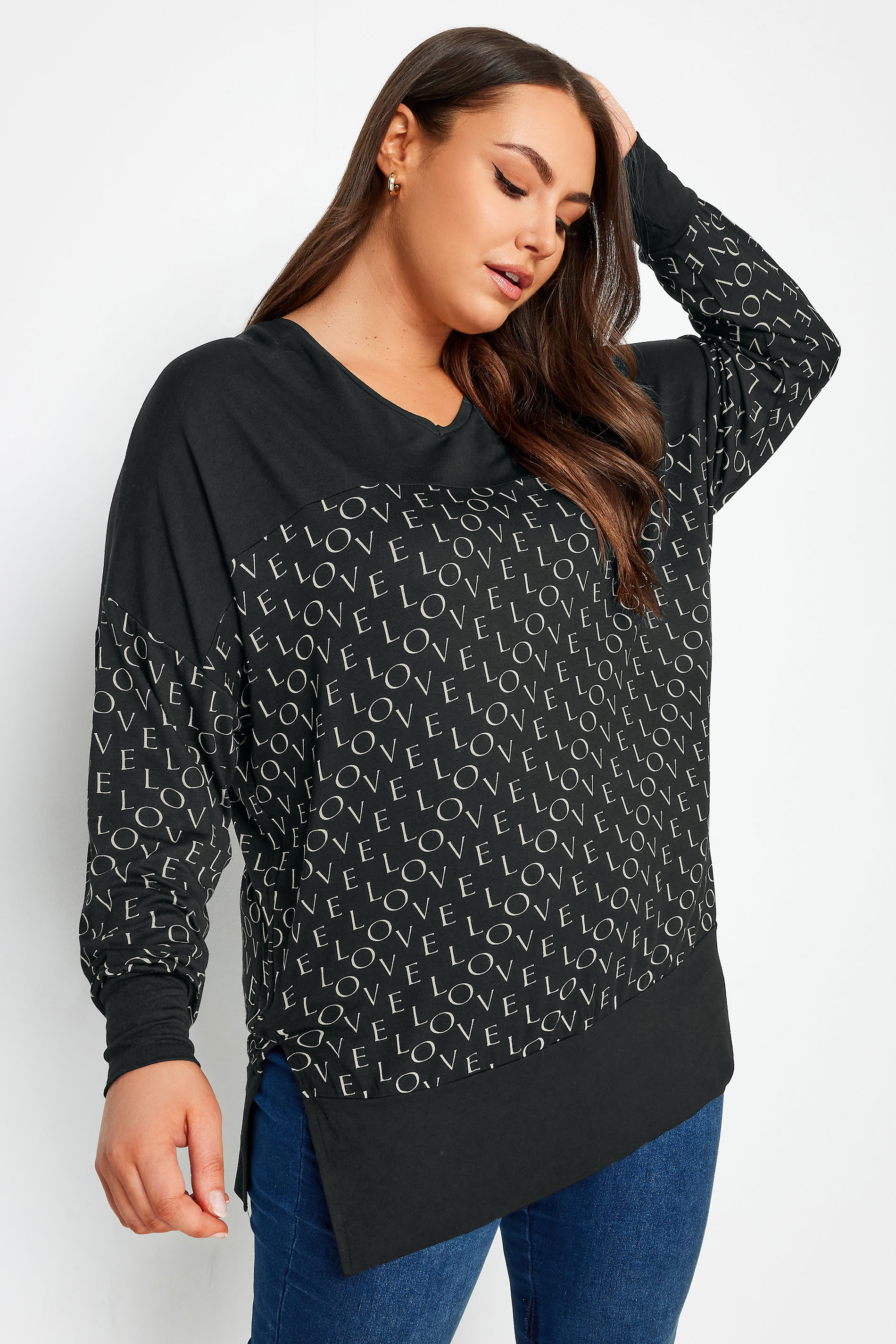 YOURS Curve Black 'Love' Print V-Neck Long Sleeve Top | Yours Clothing 1