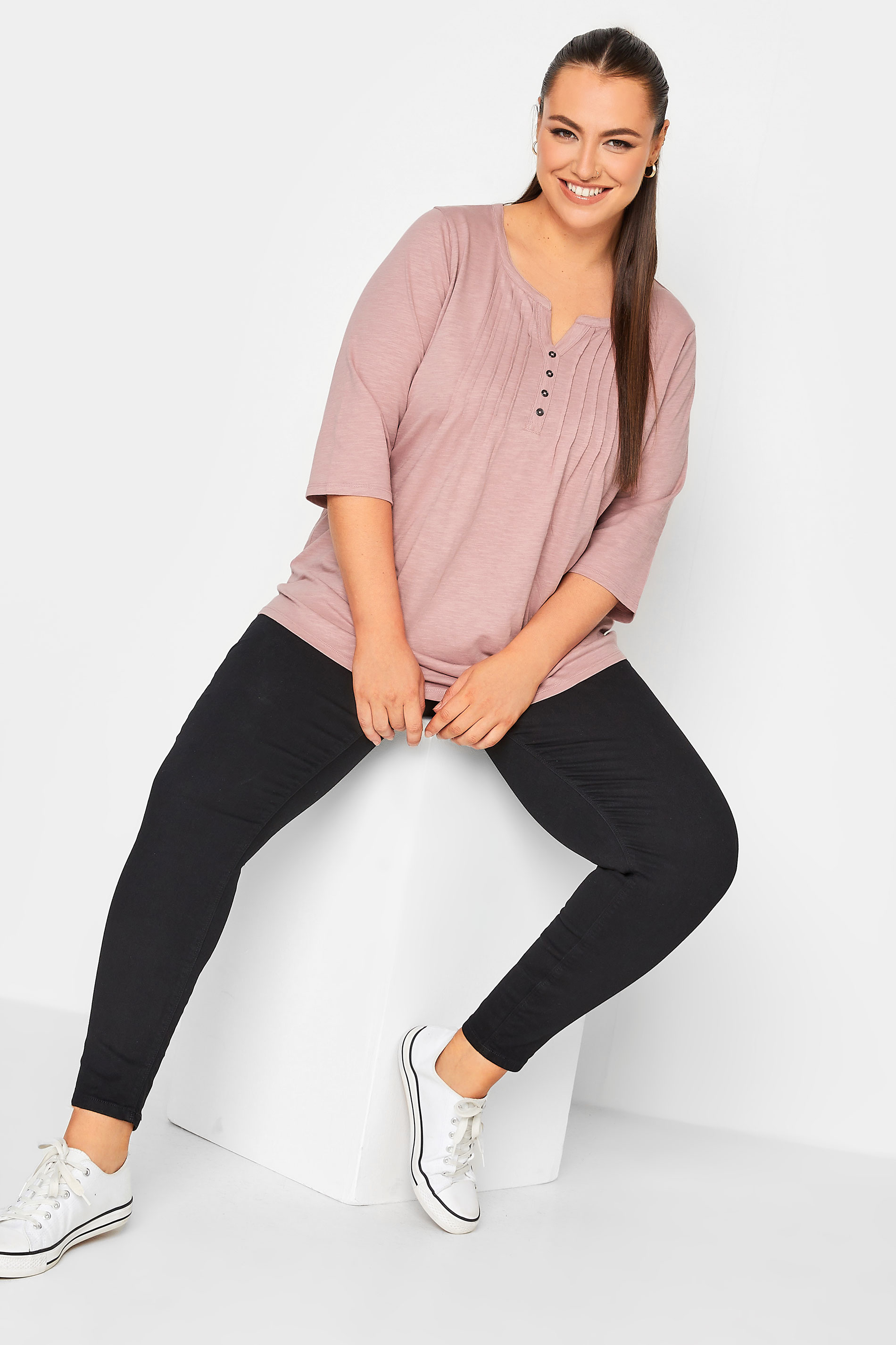 Plus Size YOURS Blush Pink Pintuck Button Henley T-Shirt | Yours Clothing 2