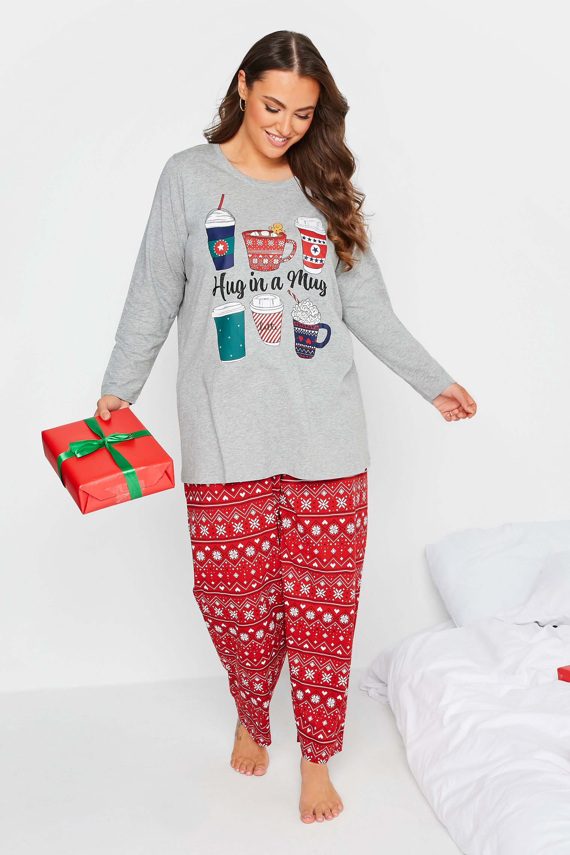 Plus Size Grey 'Hug In A Mug' Christmas Print Pyjama Set | Yours Clothing 1