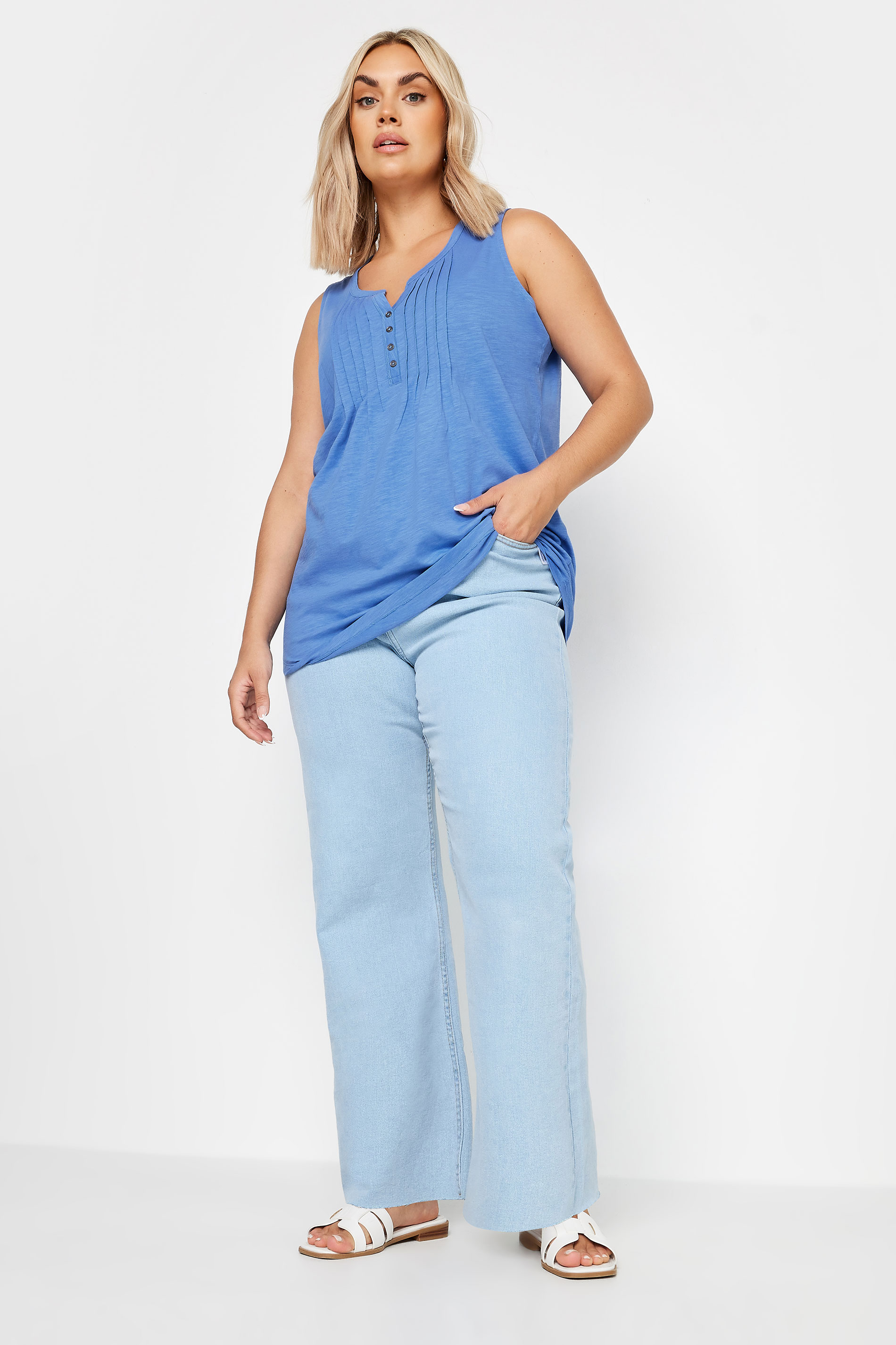 YOURS Plus Size Blue Pintuck Henley Vest Top | Yours Clothing 2