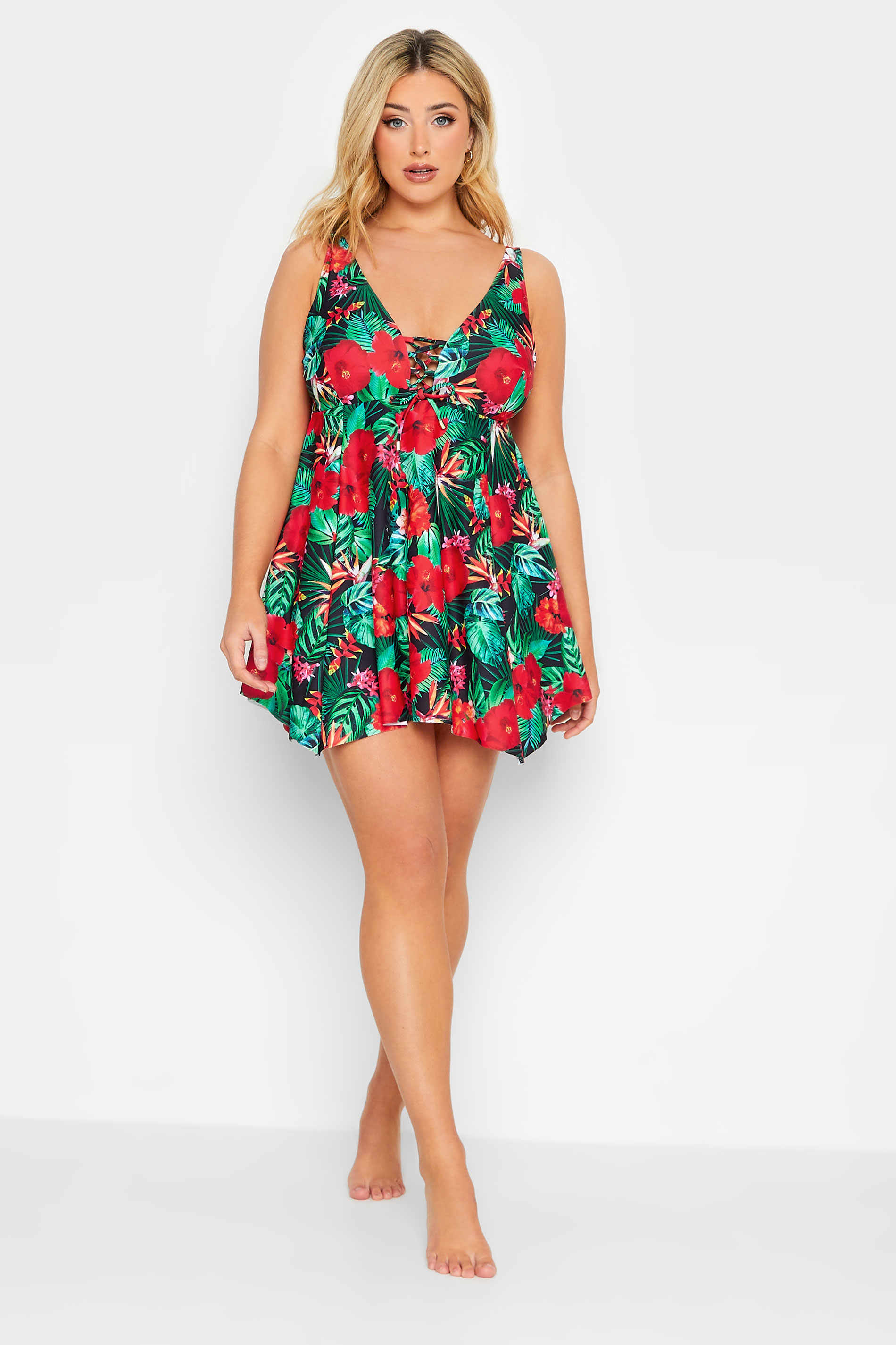 YOURS Plus Size Green Tropical Floral Print Swim Dress | Yours Clothing 2