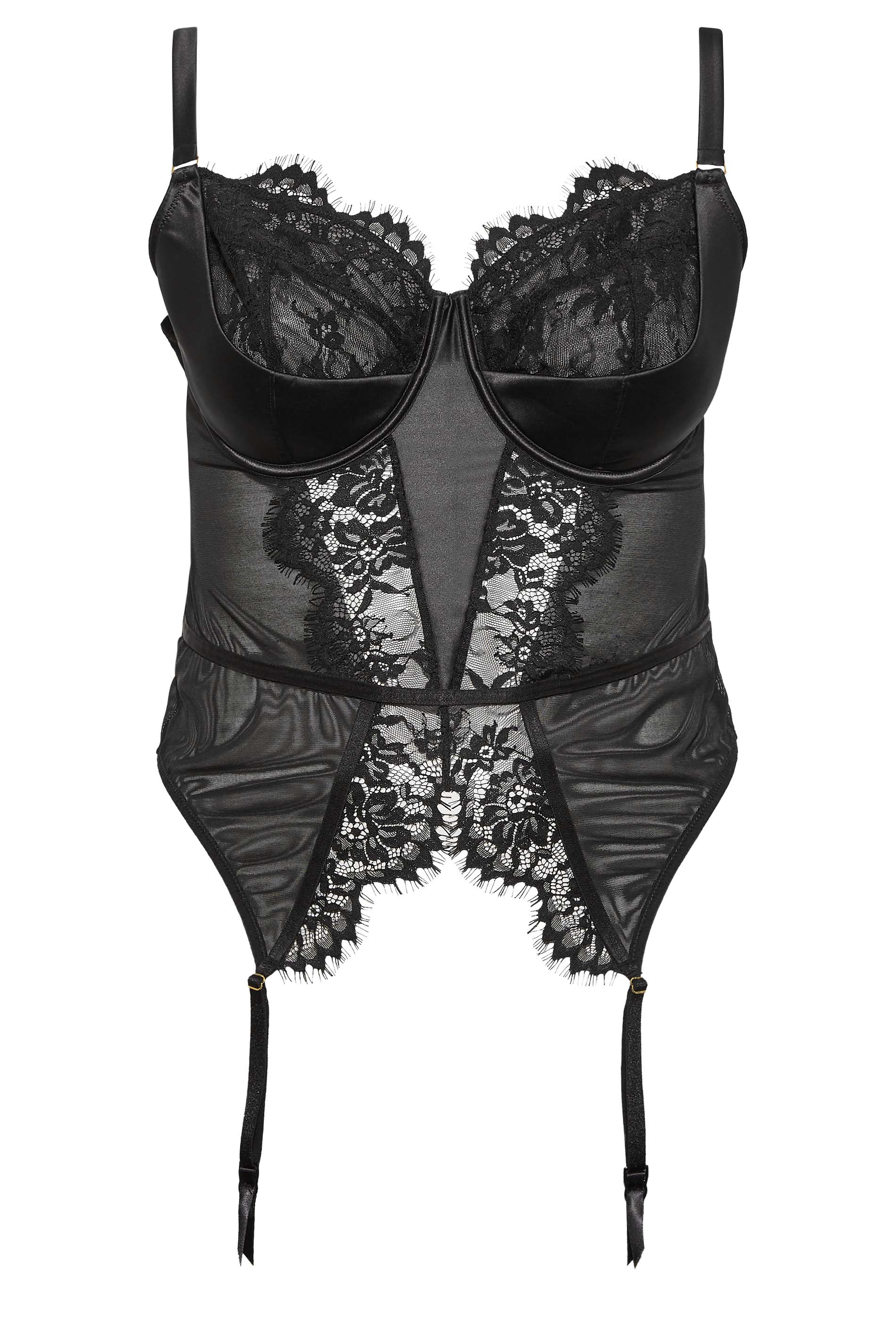 Black Lace Satin Suspender Basque | Yours Clothing