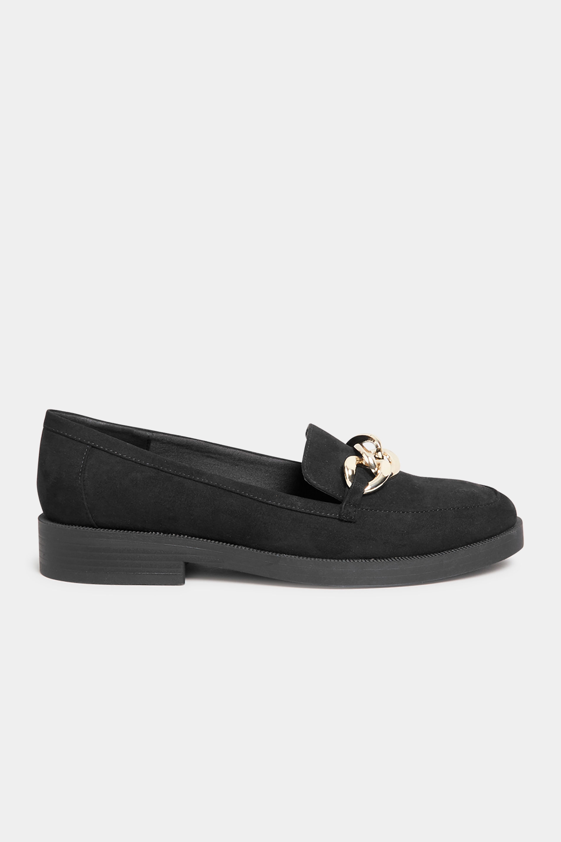 Black Faux Suede Chain Detail Loafers In Wide E Fit & Extra Wide EEE ...