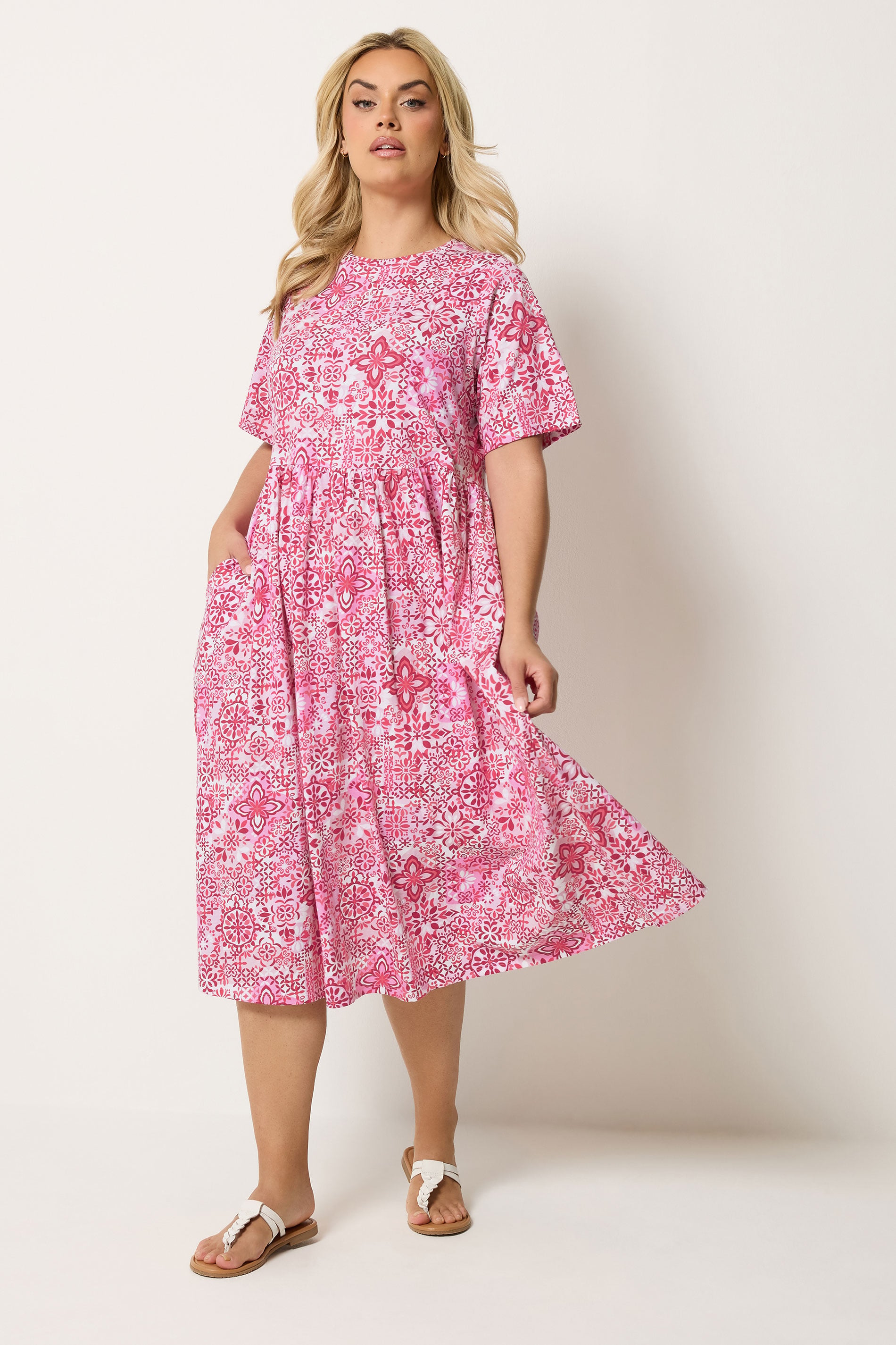 YOURS Plus Size Pink Tile Throw on Smock Dress | Yours Clothing 3