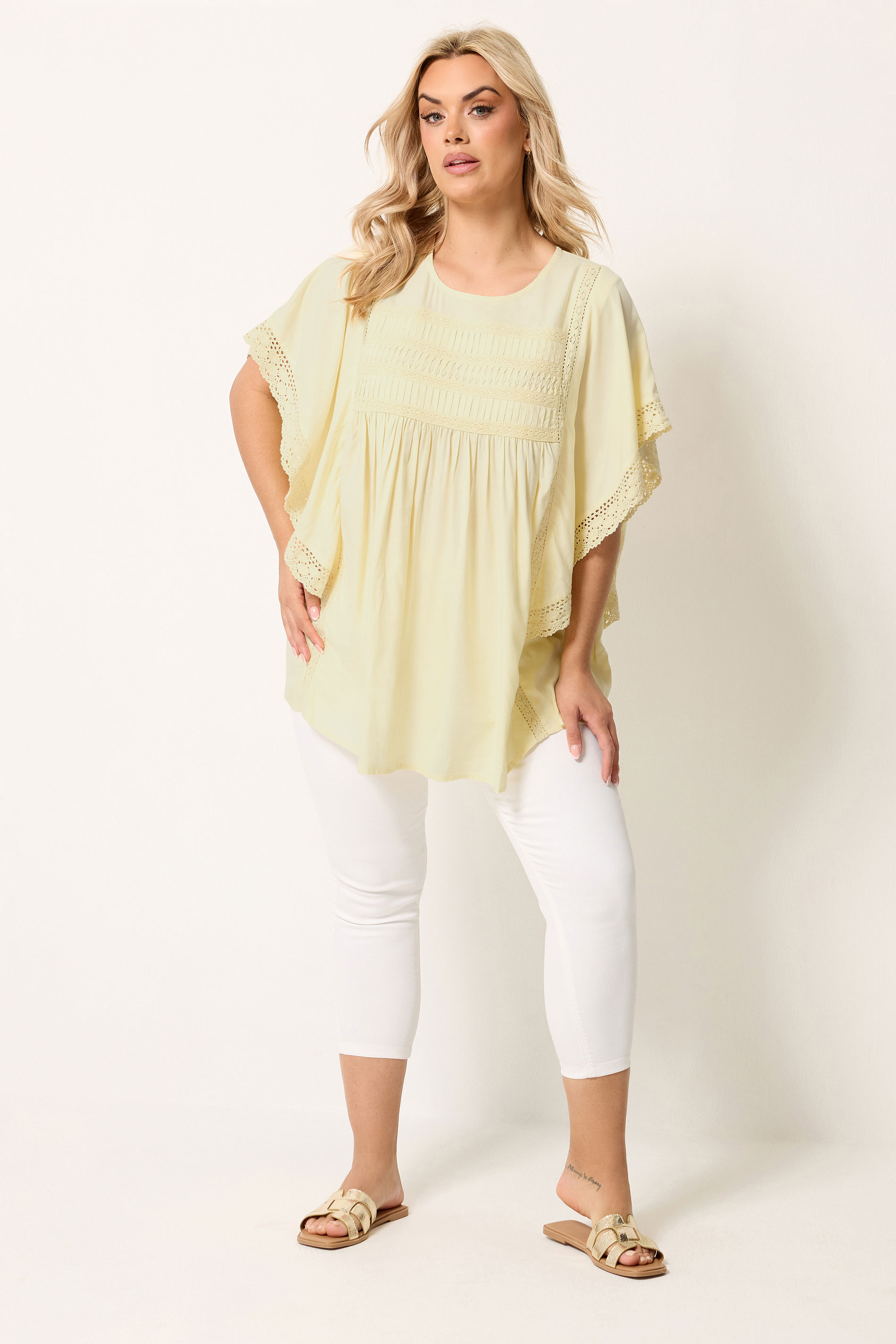 YOURS Plus Size Yellow Crochet Drape Sleeve Blouse | Yours Clothing 1