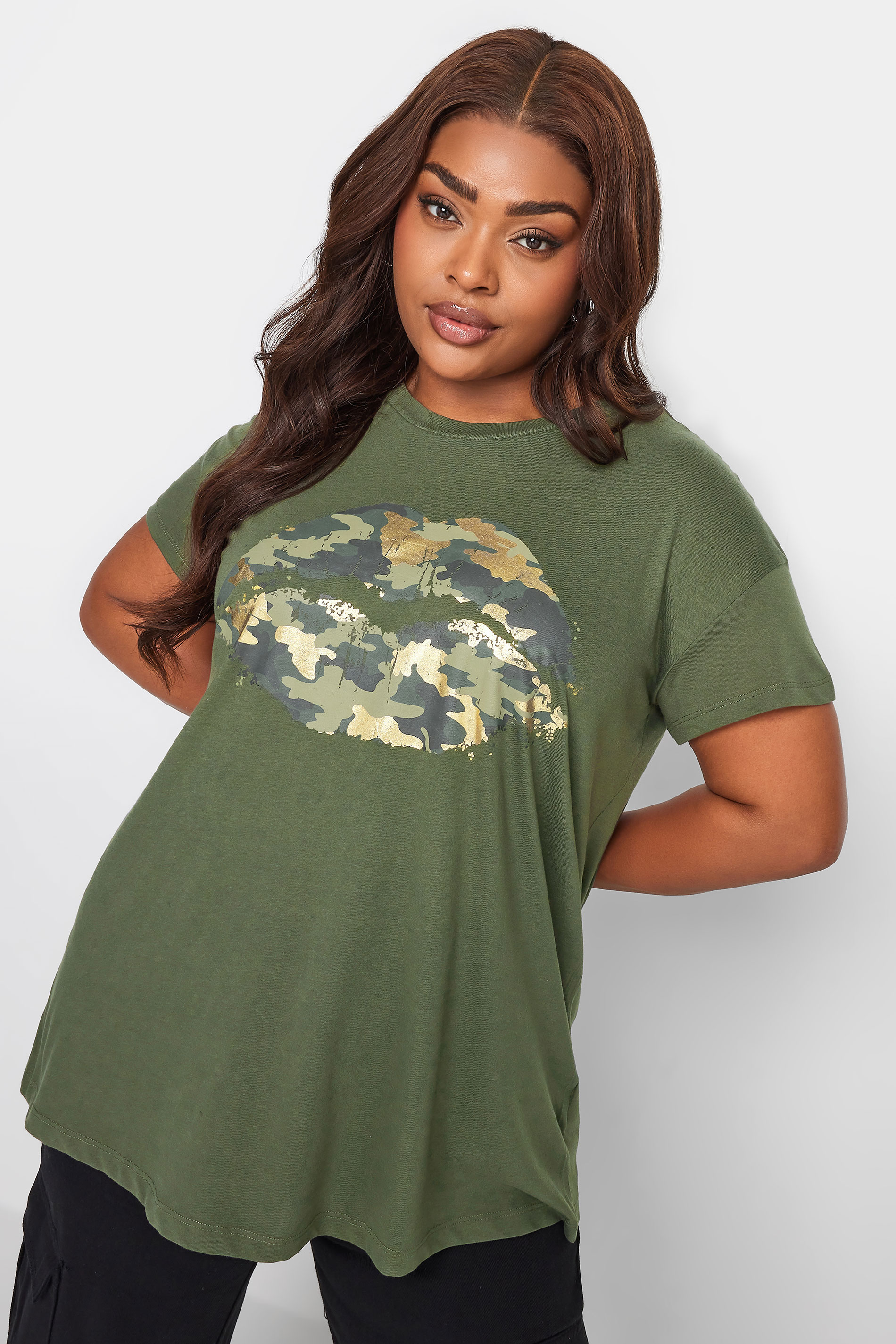 YOURS Curve Green Camo Lips Print T-Shirt | Yours Clothing 1