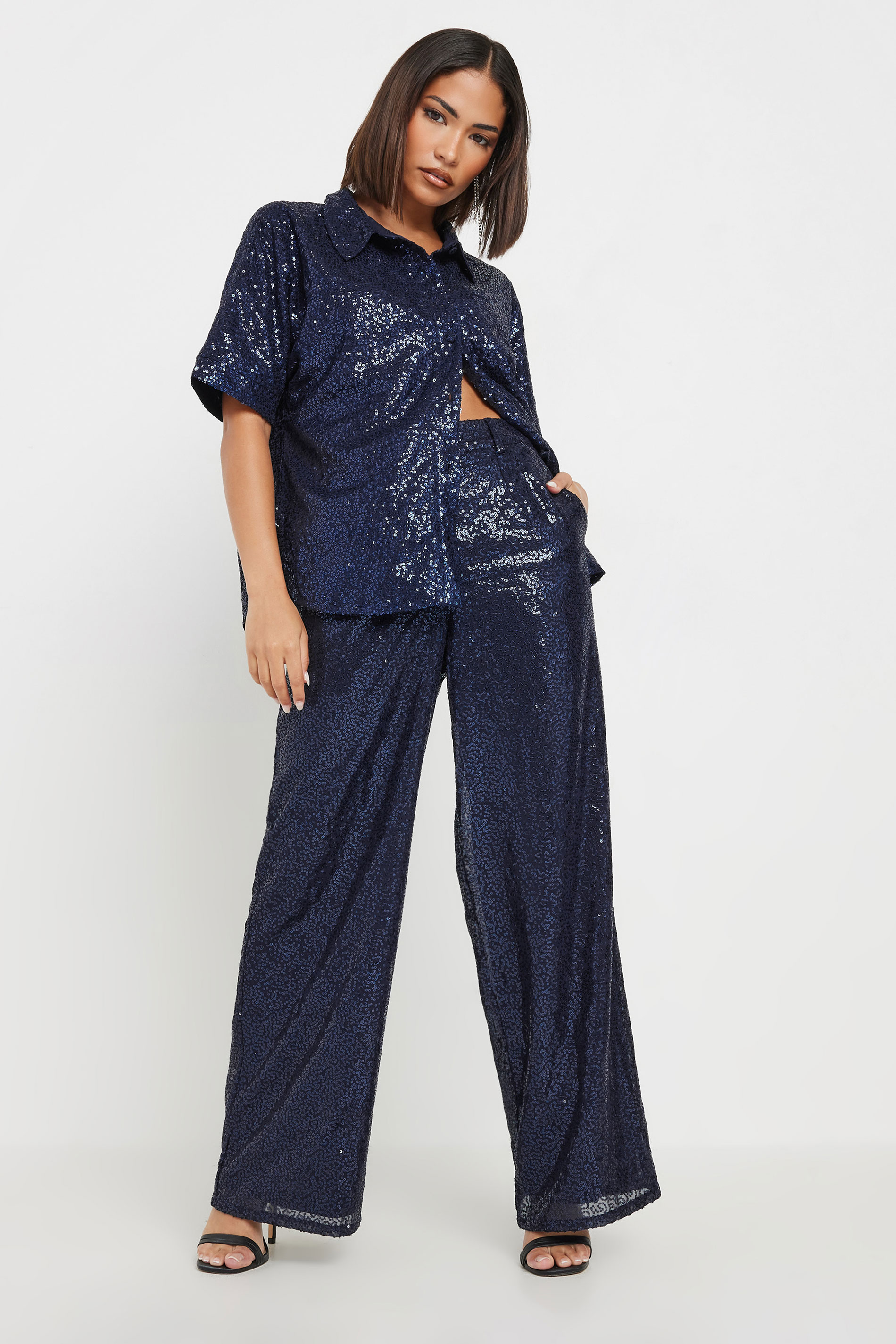 PixieGirl Petite Women's Navy Blue Sequin Embellished Short Sleeve Shirt | PixieGirl 5
