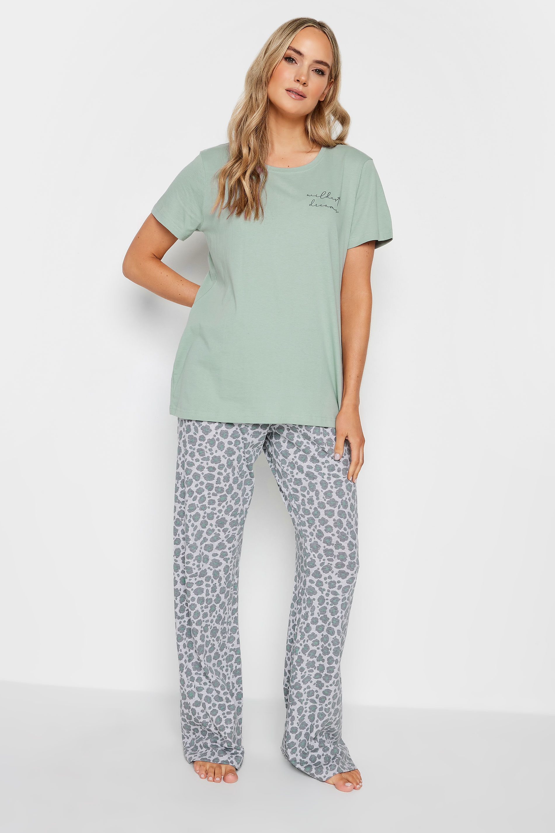 LTS Tall Green 'Wildest Dreams' Slogan Leopard Print Pyjama Set | Long Tall Sally  2