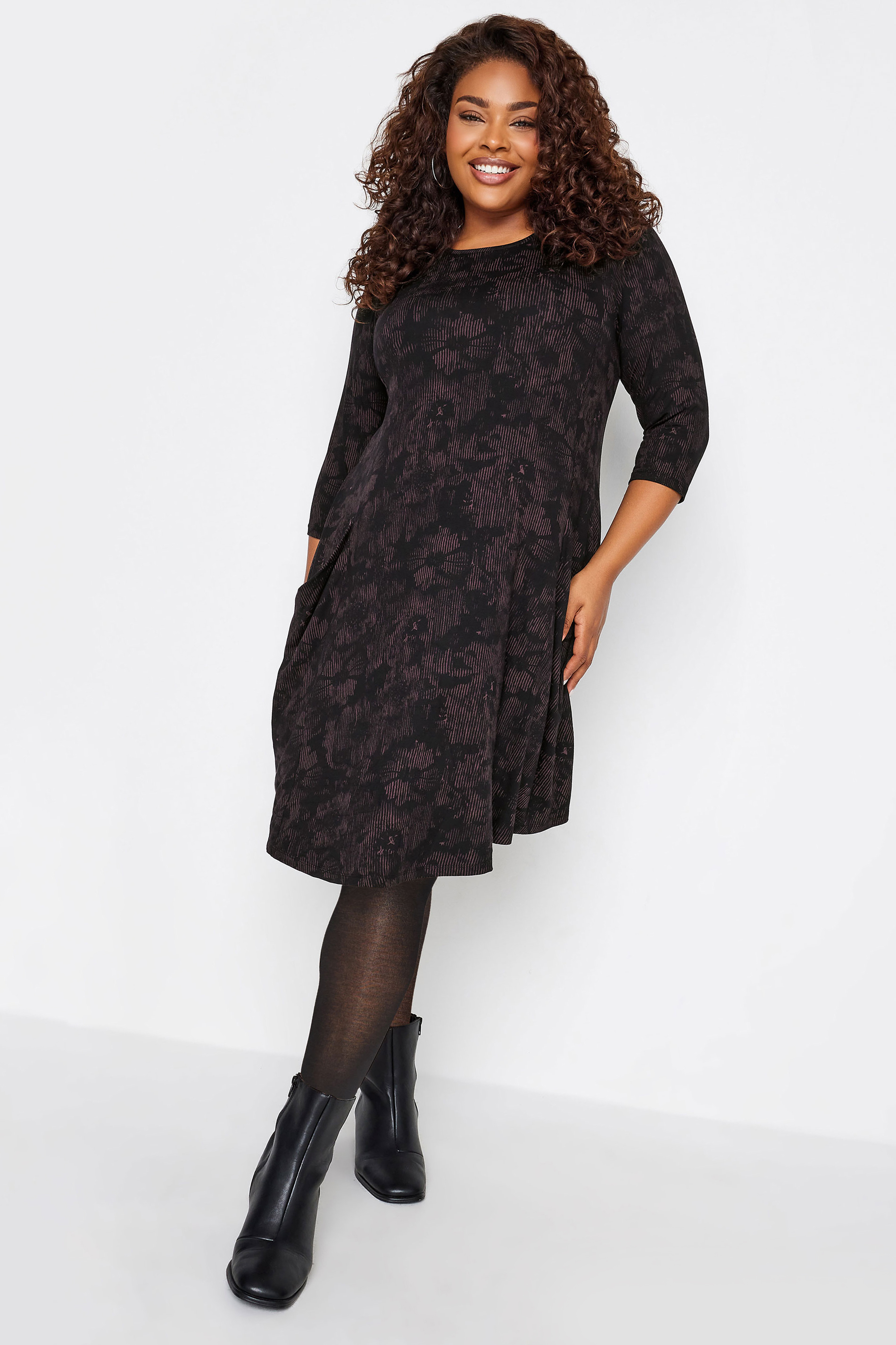 YOURS Plus Size Black Floral Print Pocket Midi Dress | Yours Clothing 1