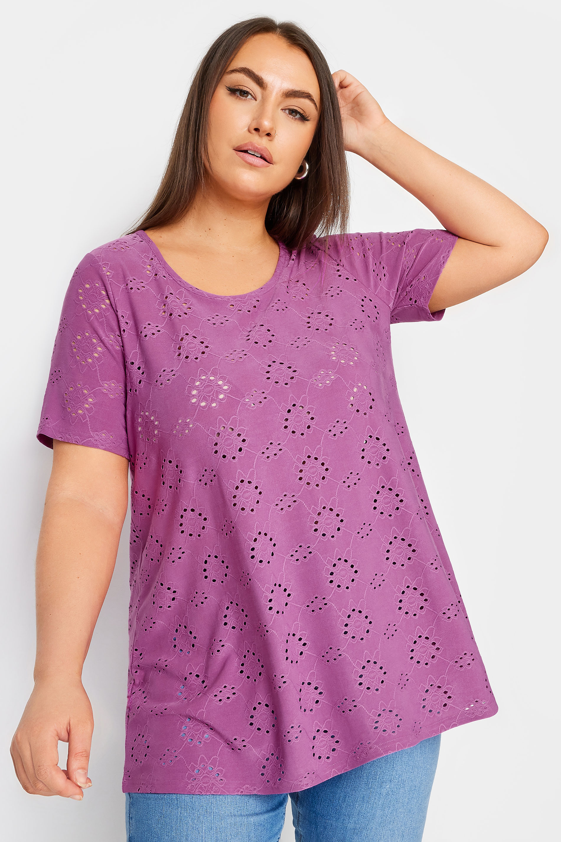 2 PACK Black & Purple Broderie Anglaise Swing T-Shirts | Yours Clothing 2