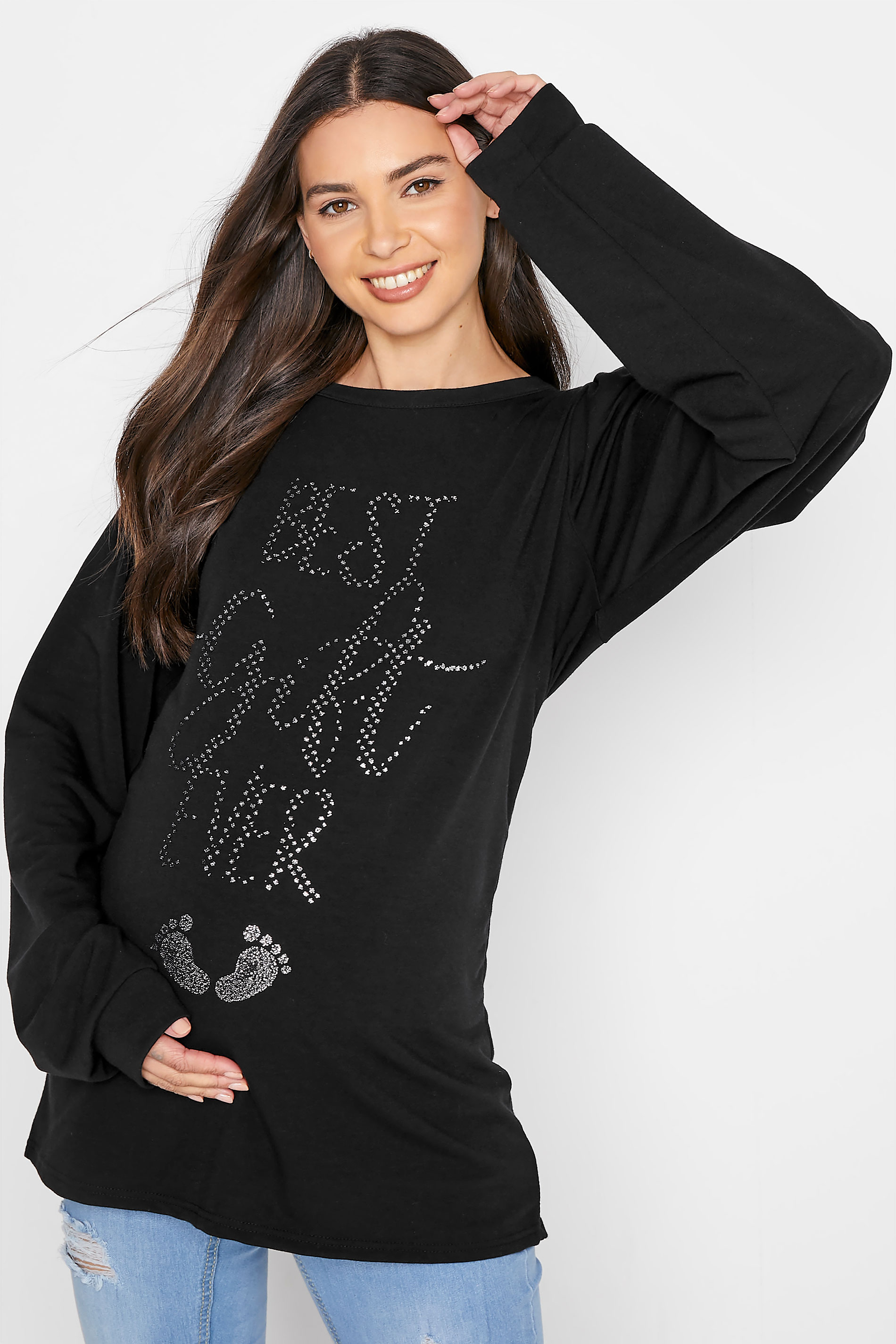 Tall Women's LTS Maternity Black 'Best Gift Ever' Embellished Slogan Christmas Top | Long Tall Sally 1