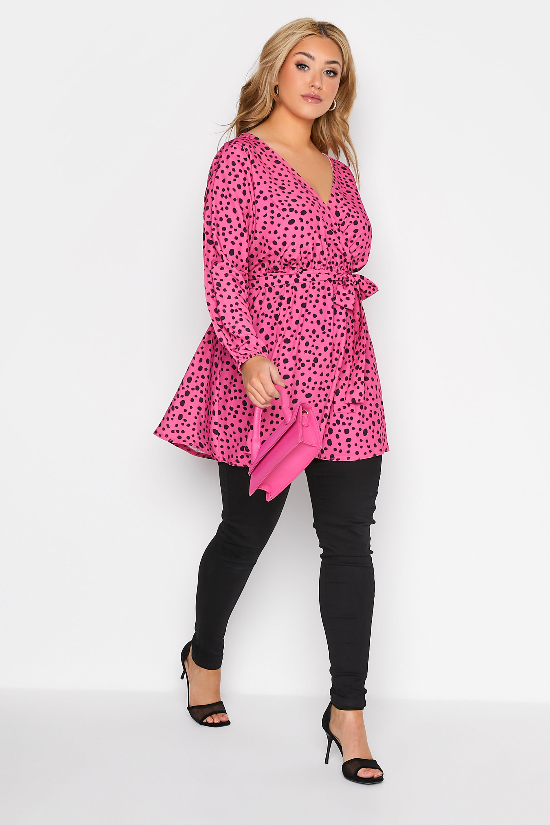 YOURS LONDON Plus Size Bright Pink Dalmatian Print Split Sleeve Wrap Top | Yours Clothing 2