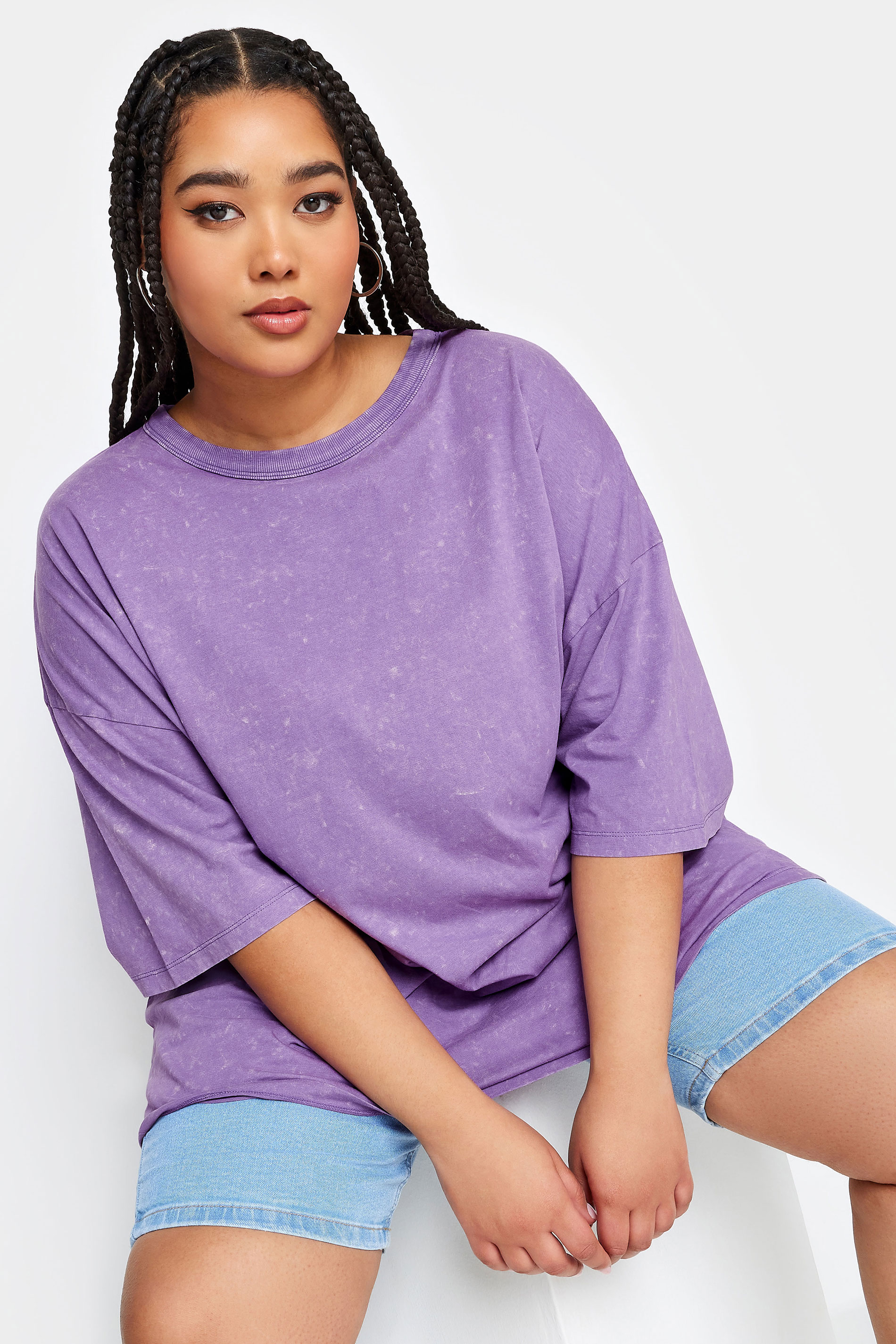 YOURS Plus Size Purple Acid Wash Boxy T-Shirt | Yours Clothing 1
