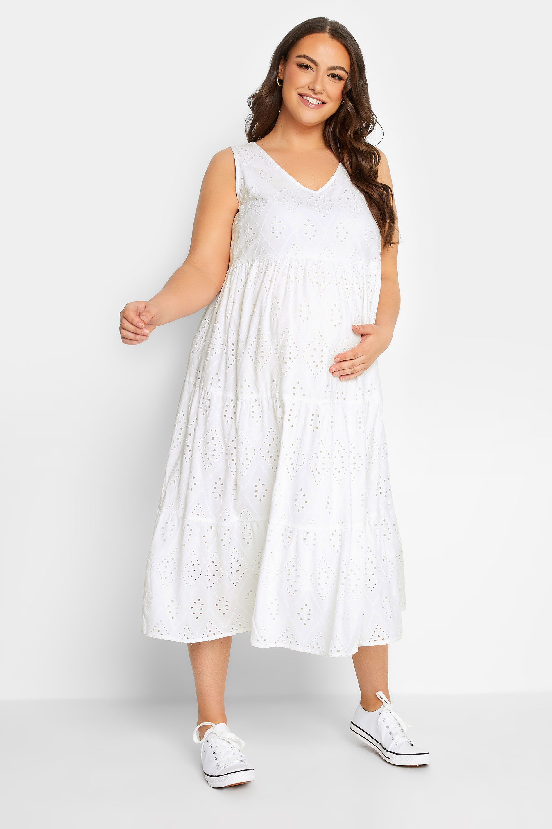 BUMP IT UP MATERNITY Plus Size White Tiered Midi Dress | Yours Clothing  3