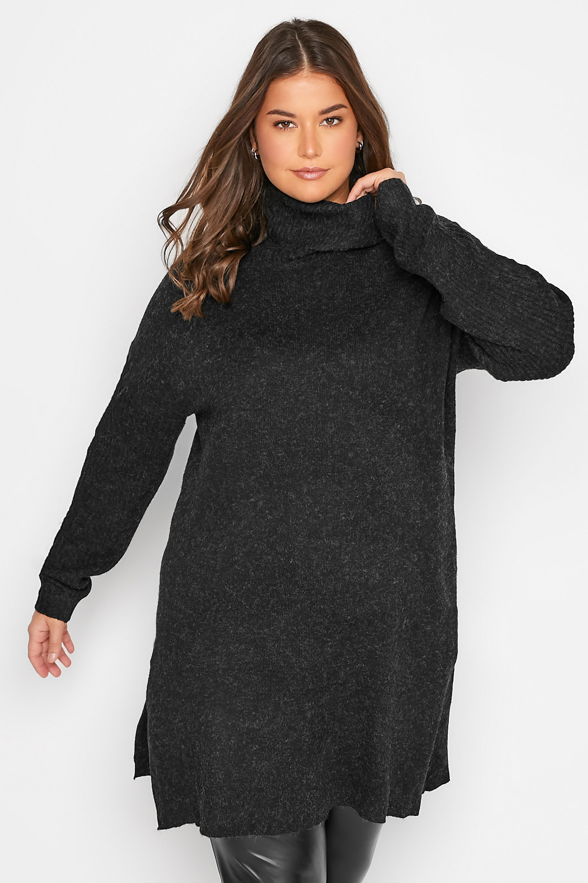 LTS Tall Women's Charcoal Grey Turtle Neck Knitted Tunic Jumper | Long Tall Sally 1