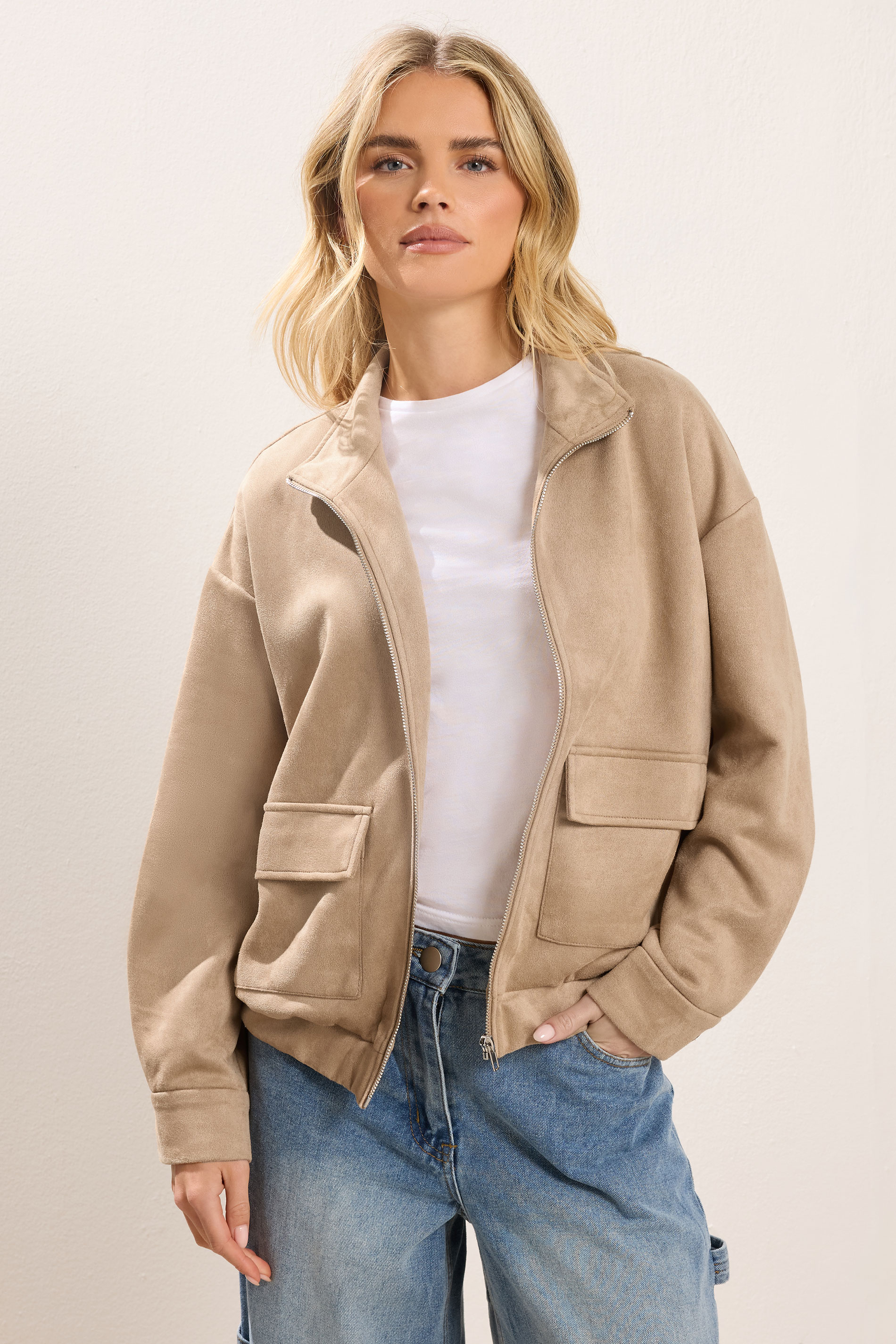 PixieGirl Petite Women's Natural Brown Faux Suede Bomber Jacket | PixieGirl 1
