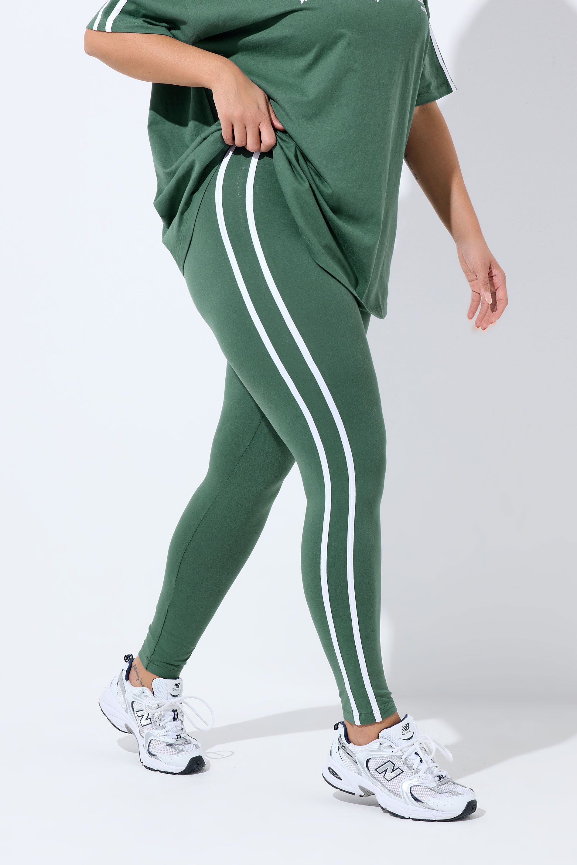 YOURS Plus Size Green Side Striped Leggings | Yours Clothing 1