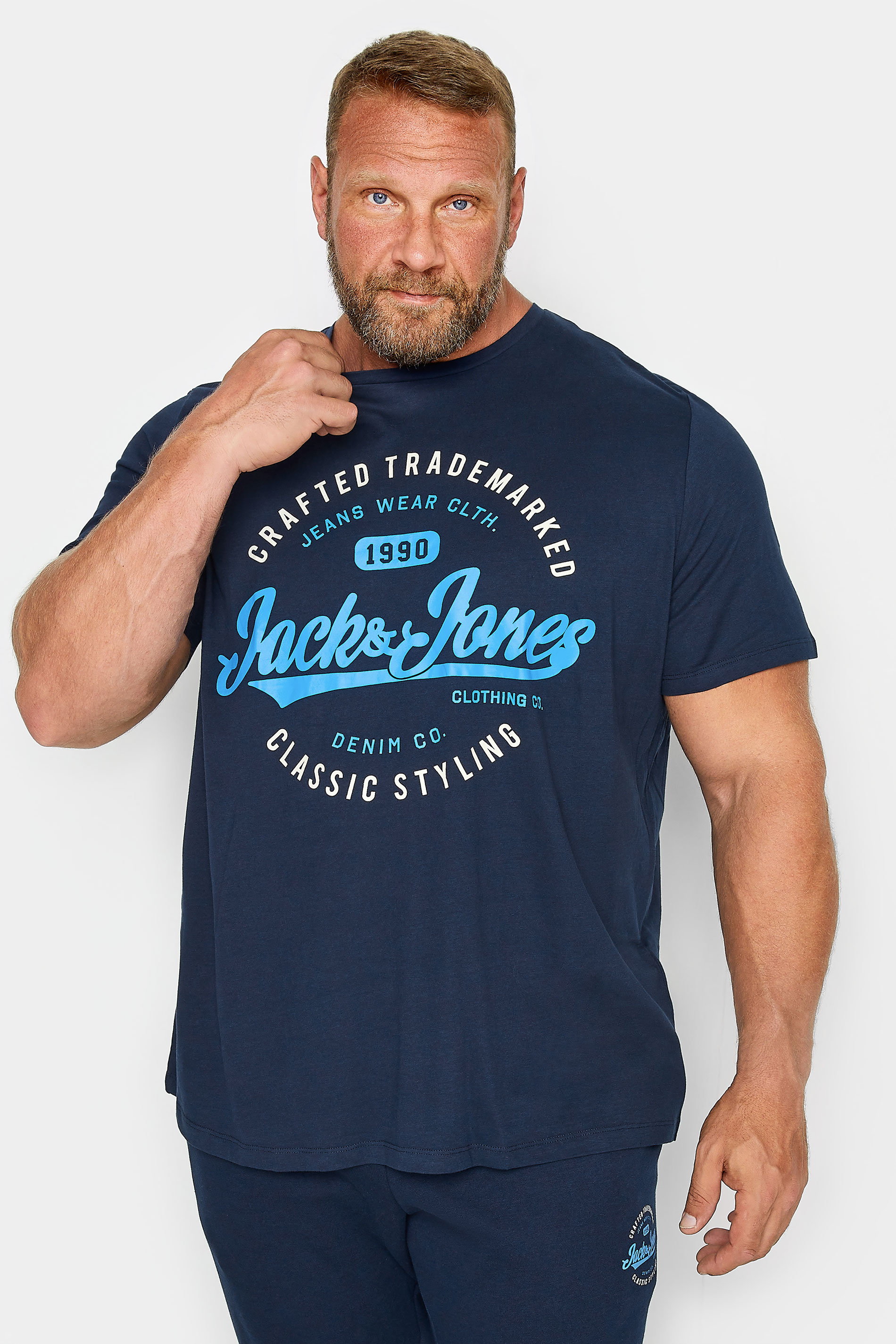 JACK & JONES Big & Tall Navy Blue Logo Crew T-Shirt | BadRhino 1