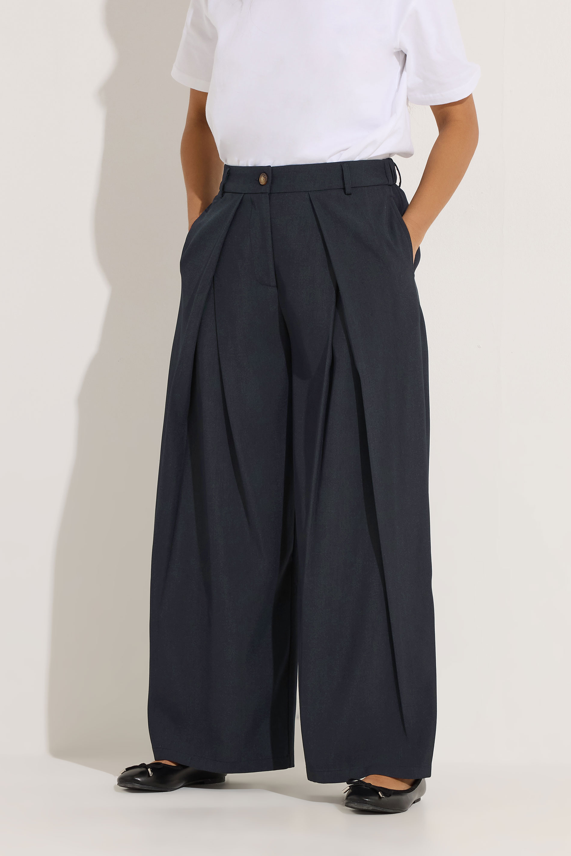 PixieGirl Petite Women's Navy Blue Wrap Pleated Wide Leg Trousers | PixieGirl 1