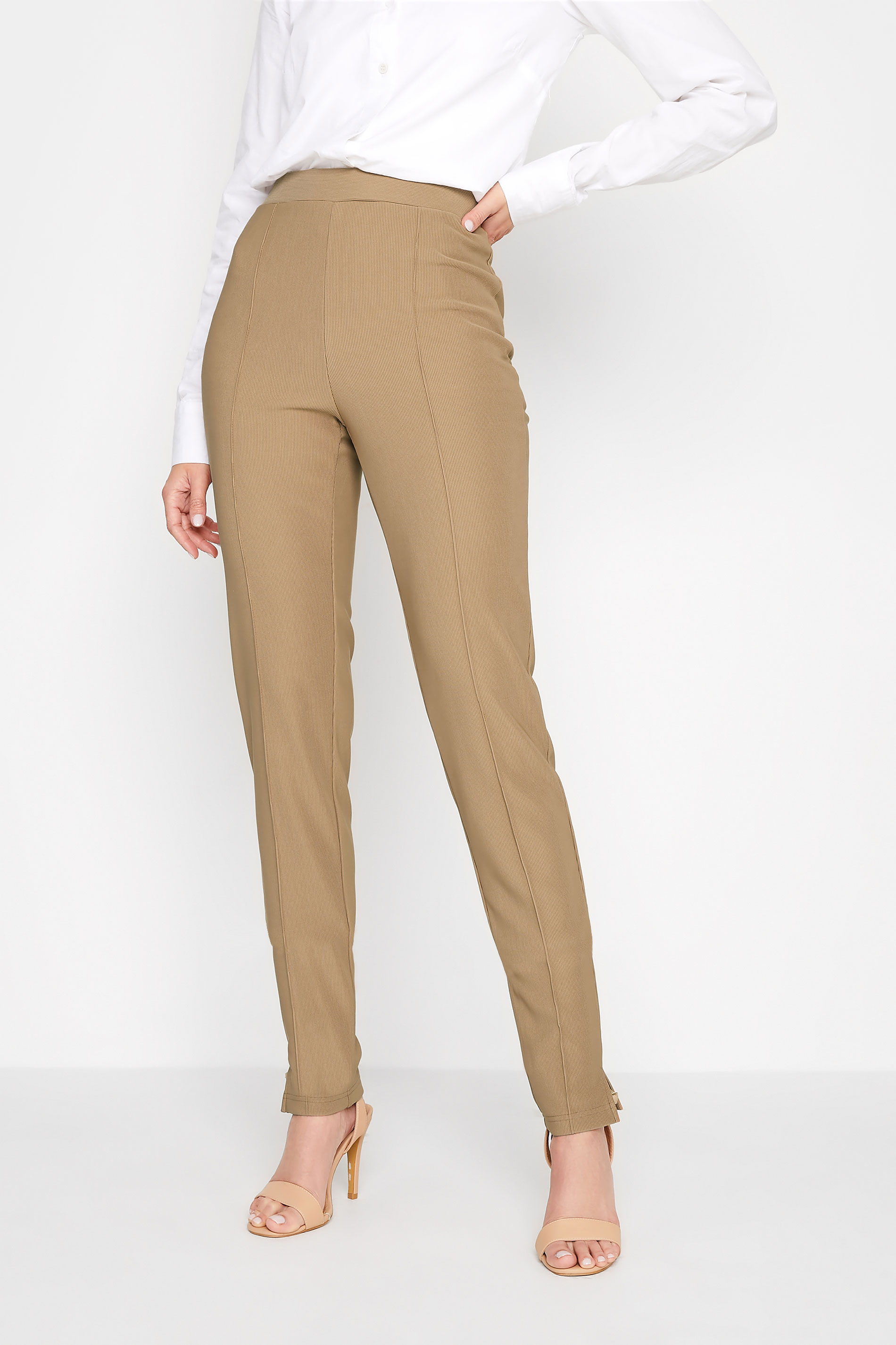 LTS Tall Women's Camel Brown Ribbed Slim Leg Trousers | Long Tall Sally  1