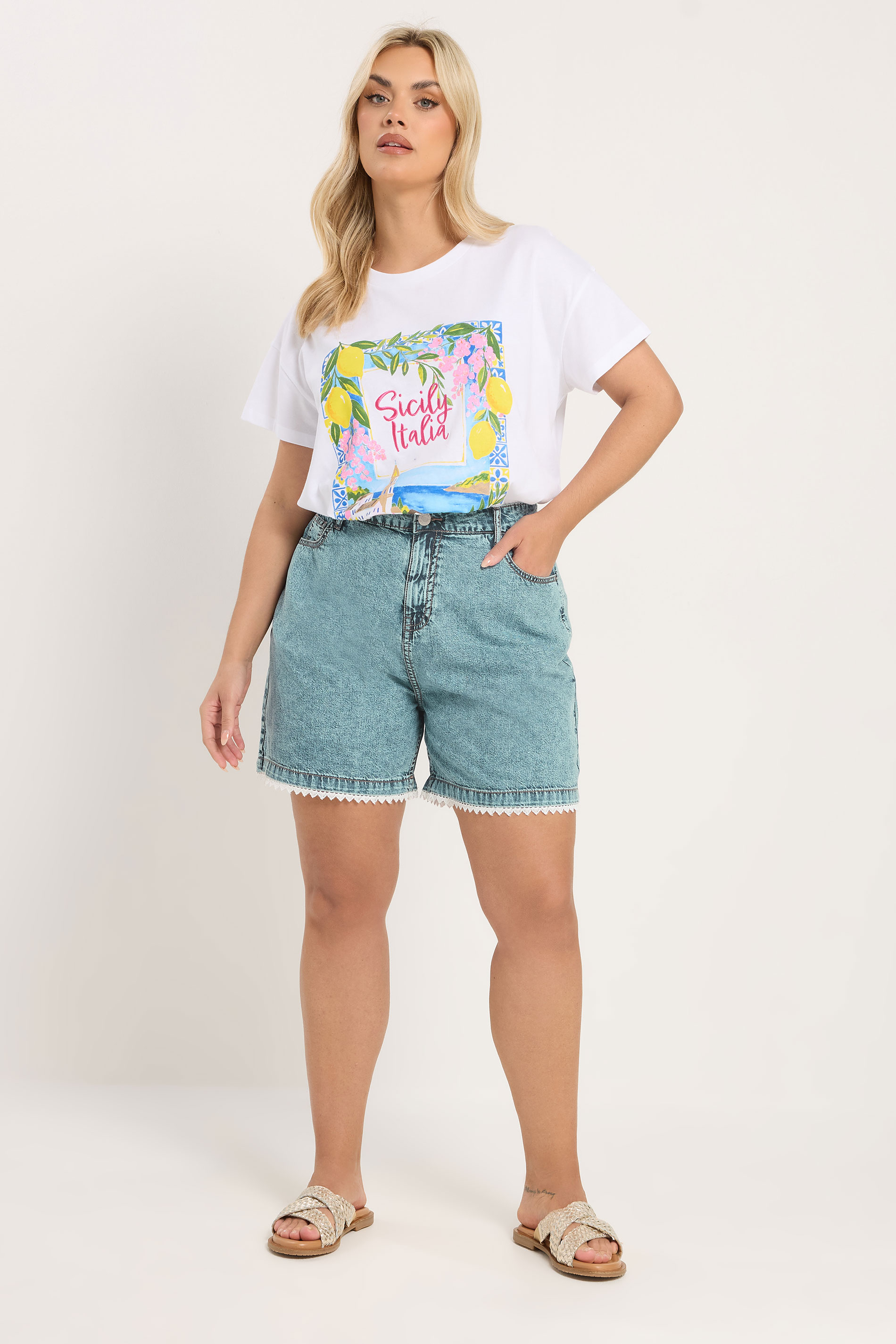 YOURS Plus Size Blue Scallop Edge Denim Shorts | Yours Clothing 1