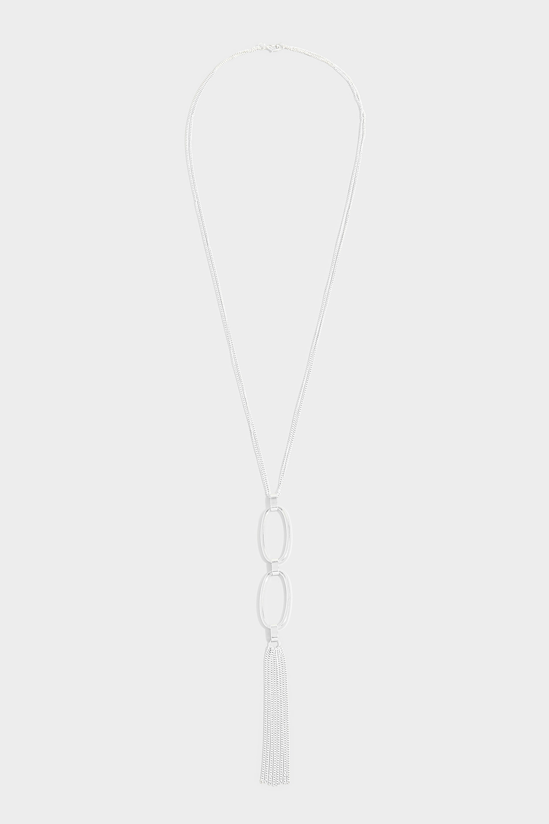 Silver Tone Oval Tassel Pendant Long Necklace 1