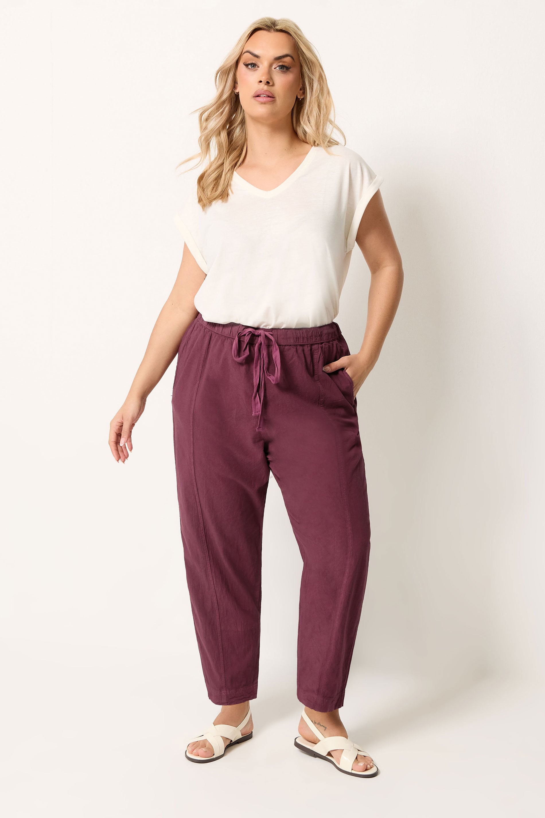 YOURS Plus Size Burgundy Red Cool Cotton Barrel Leg Denim Trousers | Yours Clothing 1