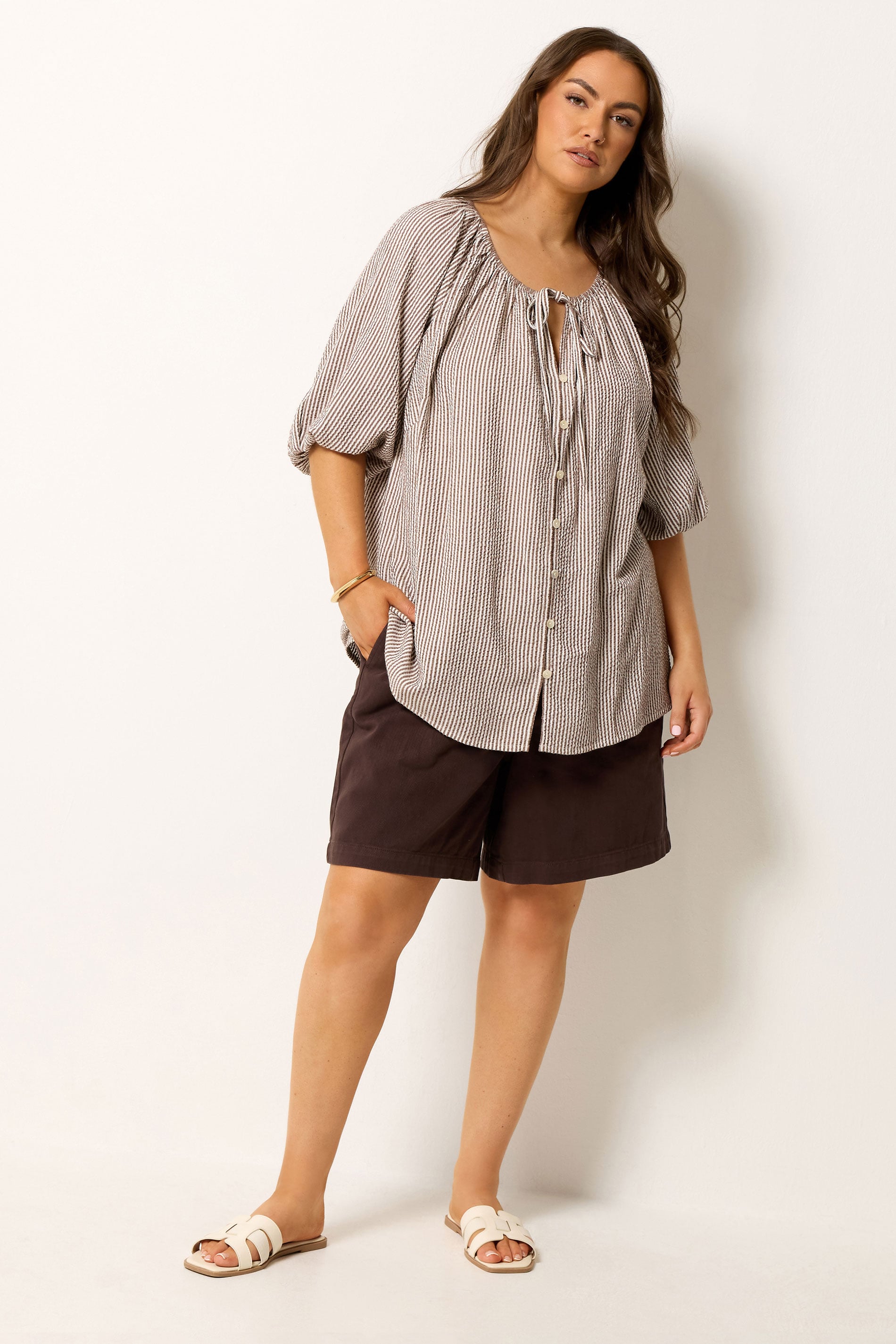 YOURS Plus Size Brown Stripe Tie Front Top | Yours Clothing 1