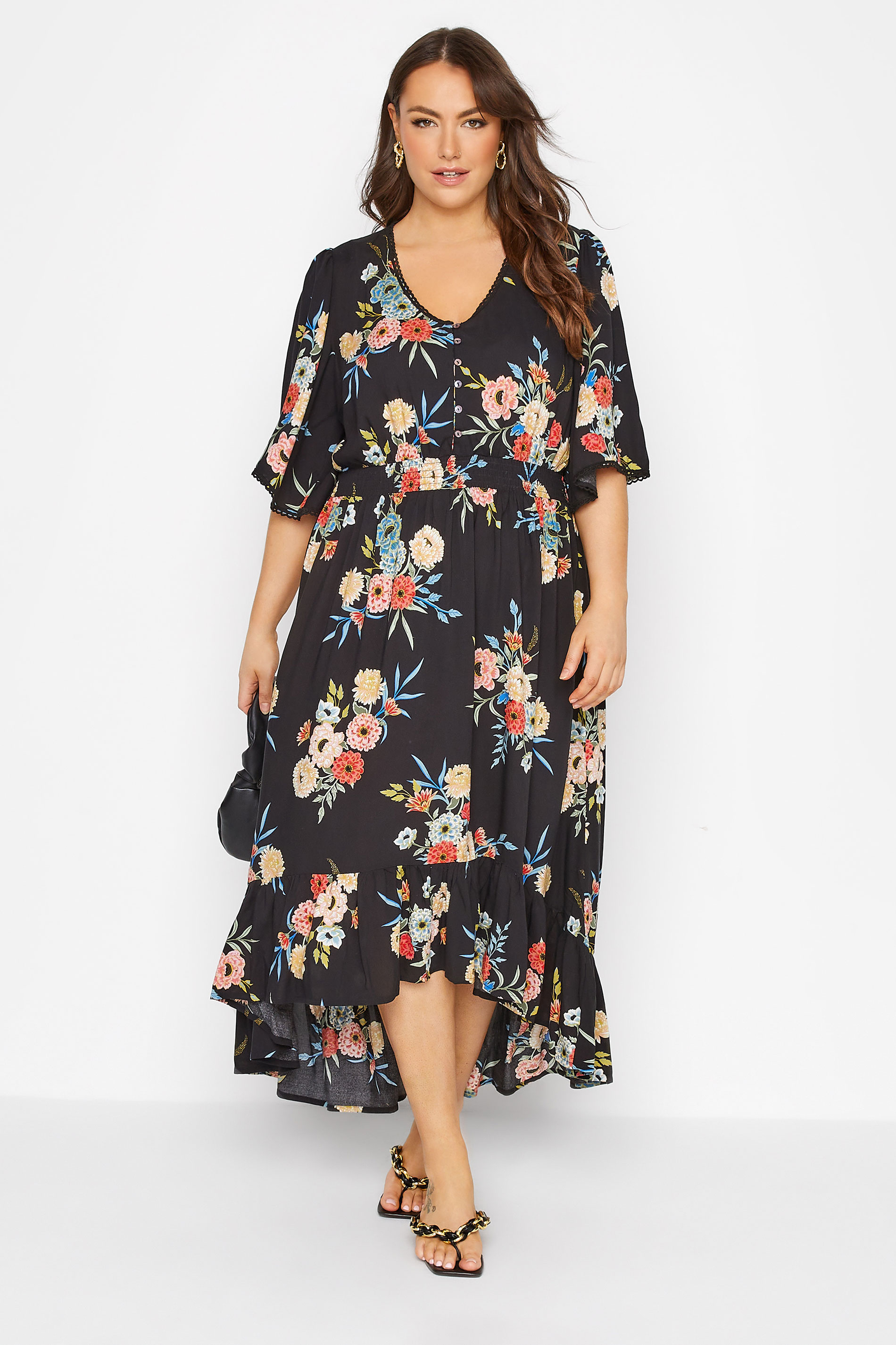 Plus Size Black Floral High Low Dress | Yours Clothing 1