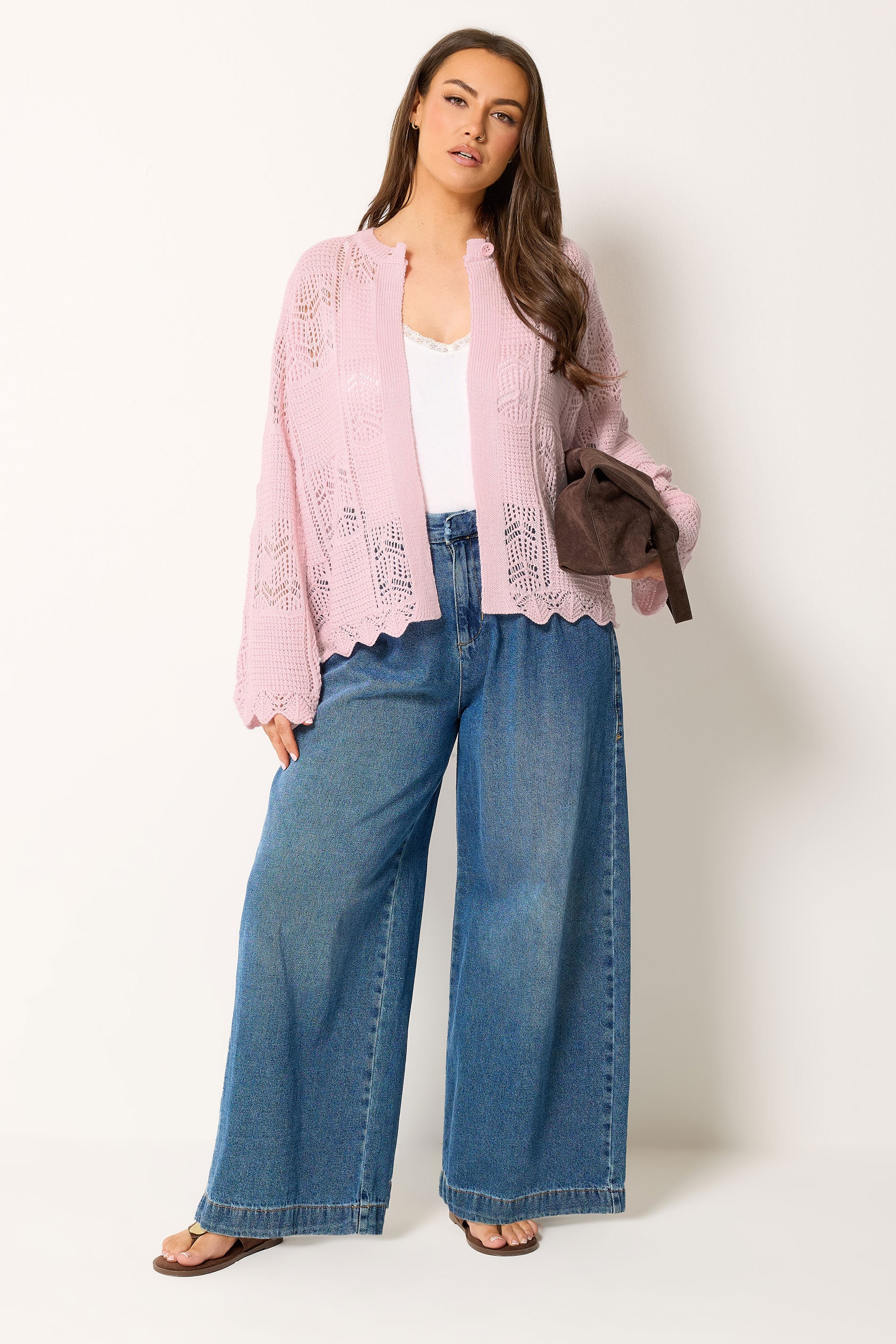 YOURS Plus Size Pink Crochet Knitted Cardigan | Yours Clothing 1
