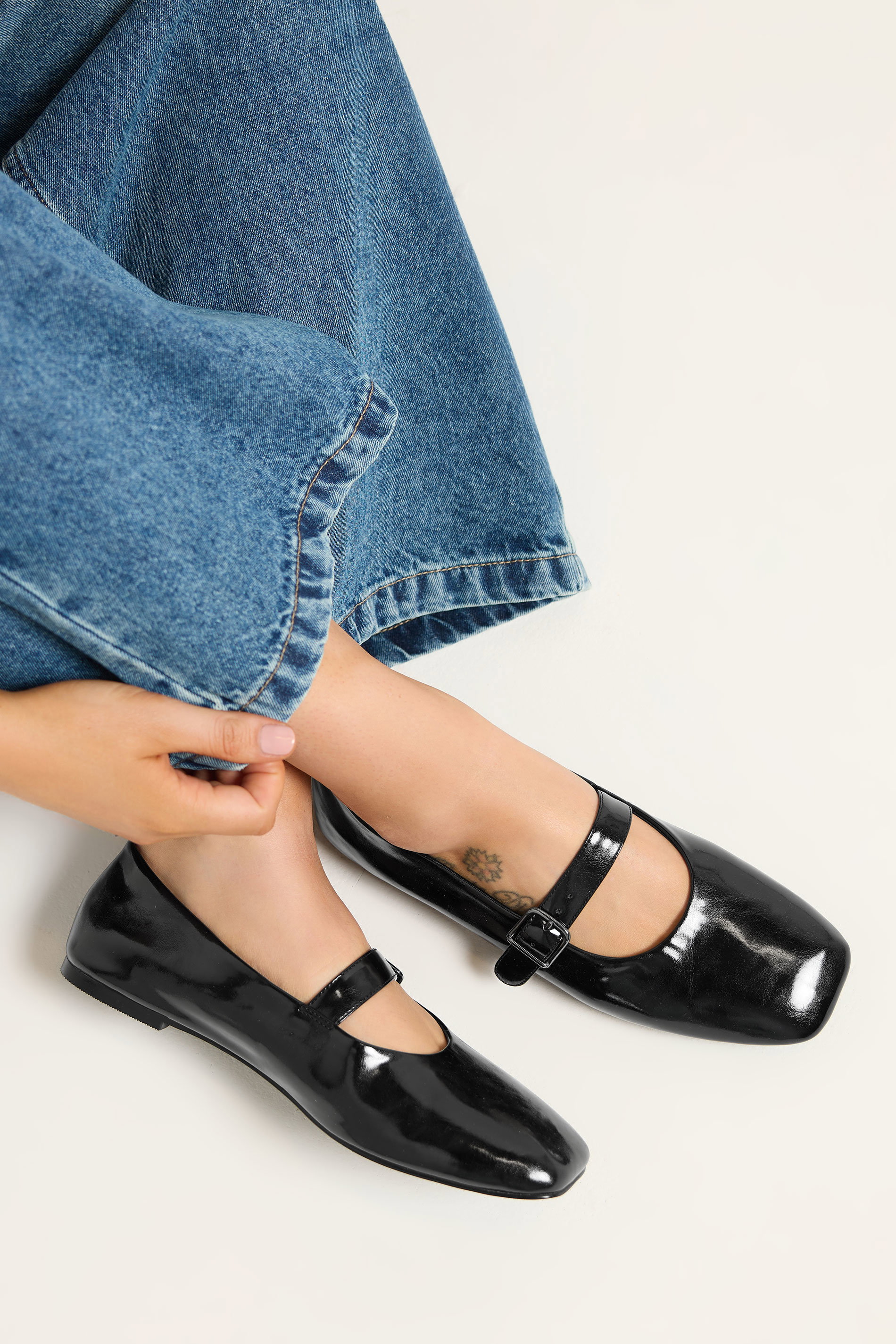 Black Patent Buckle Detail Mary Jane Flats In Wide E Fit | Yours Clothing 1