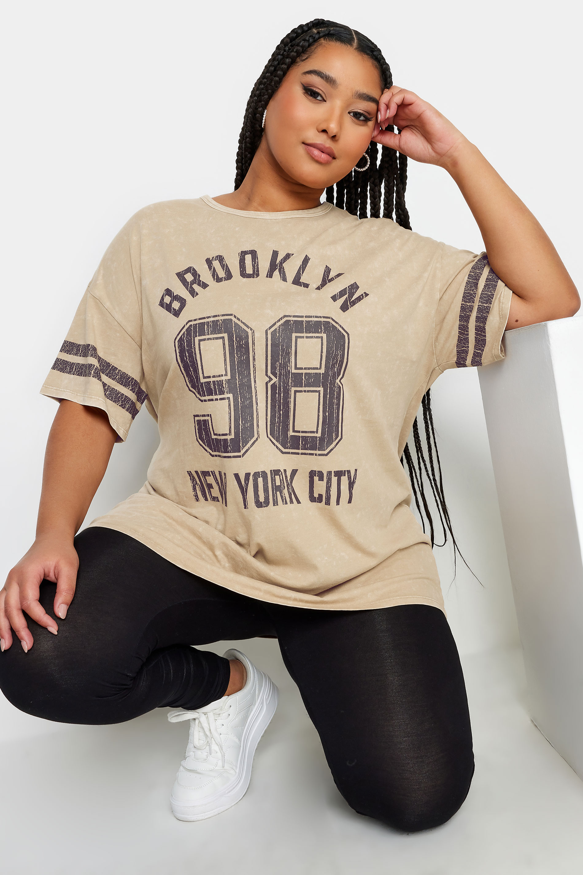 YOURS Plus Size Beige Brown 'Brooklyn' Slogan Acid Wash Varsity T-Shirt | Yours Clothing 1