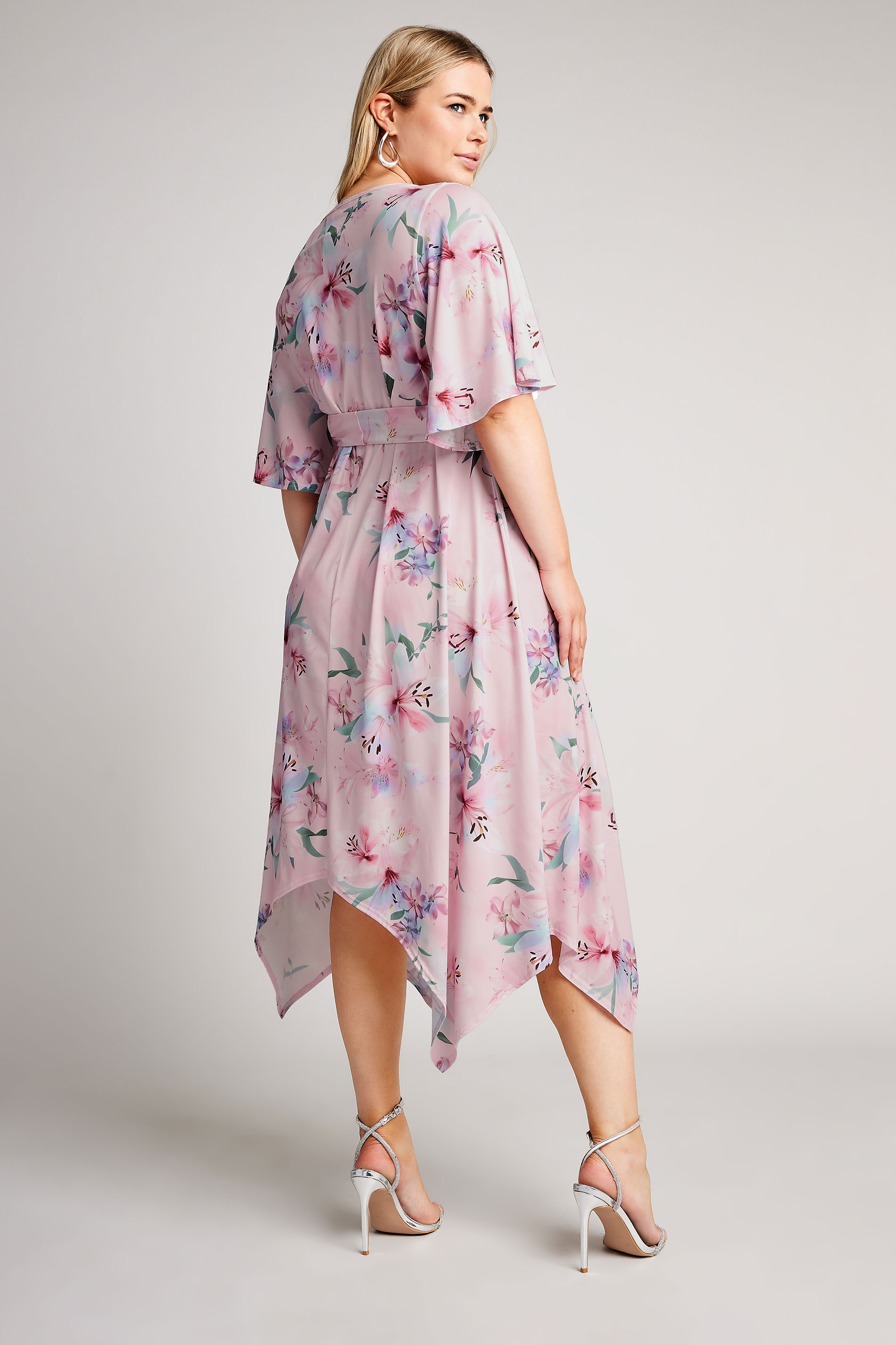 YOURS LONDON Plus Size Light Pink Floral Print Hanky Hem Wrap Dress | Yours Clothing 3