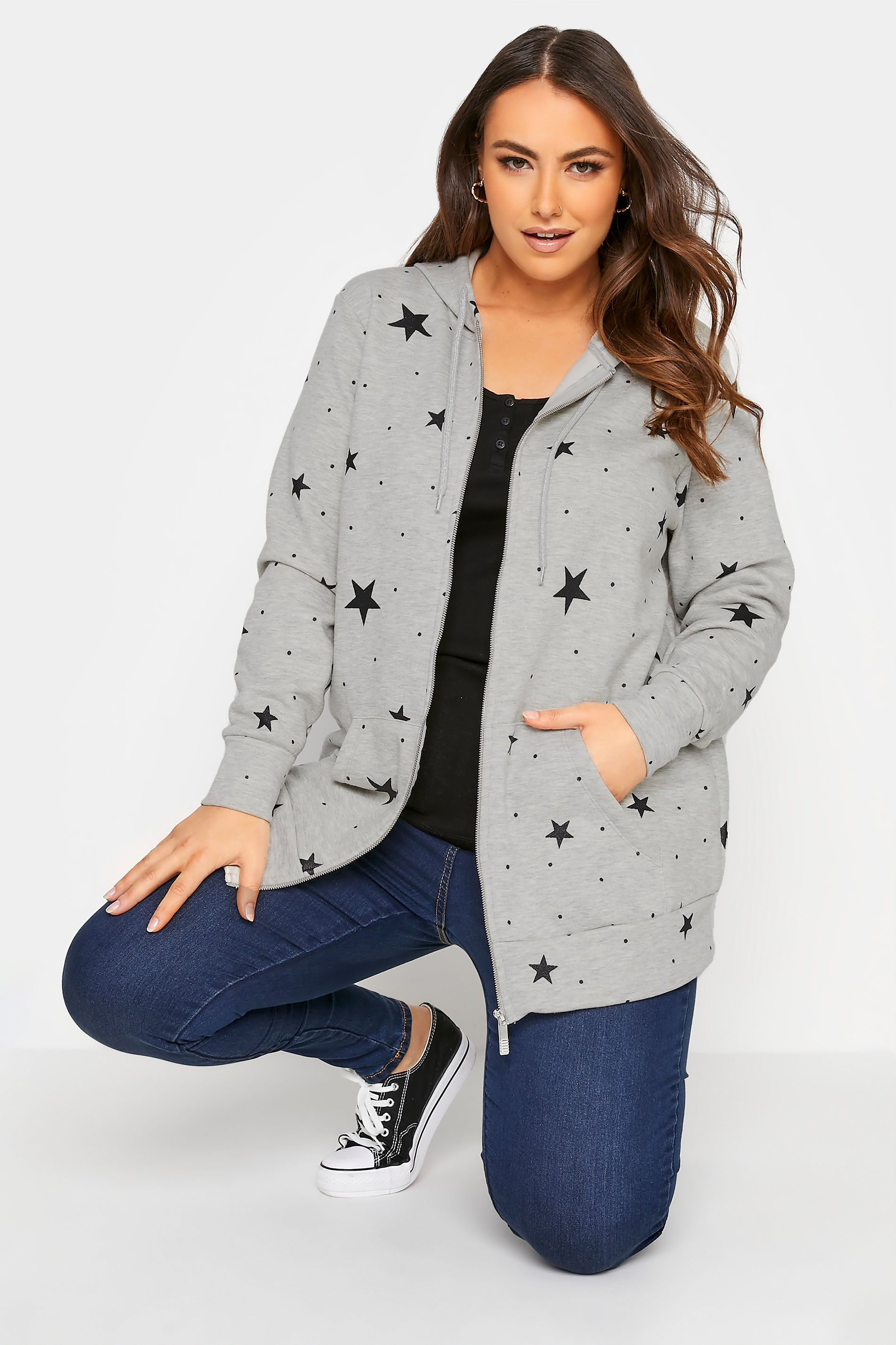 Plus Size Grey Star Print Zip Through Hoodie | Yours Clothing  1