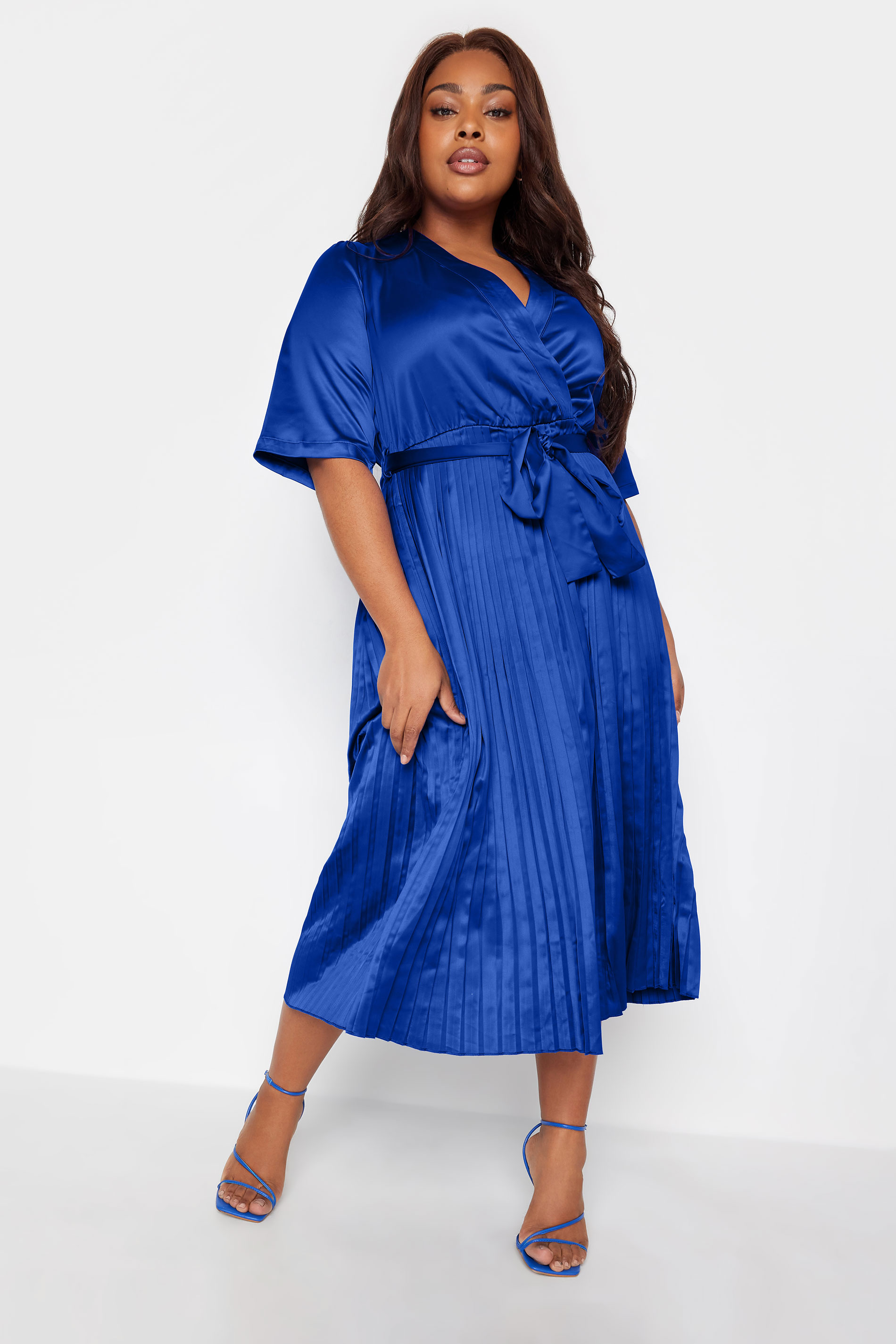 YOURS LONDON Plus Size Blue Satin Pleated Wrap Dress | Yours Clothing 1
