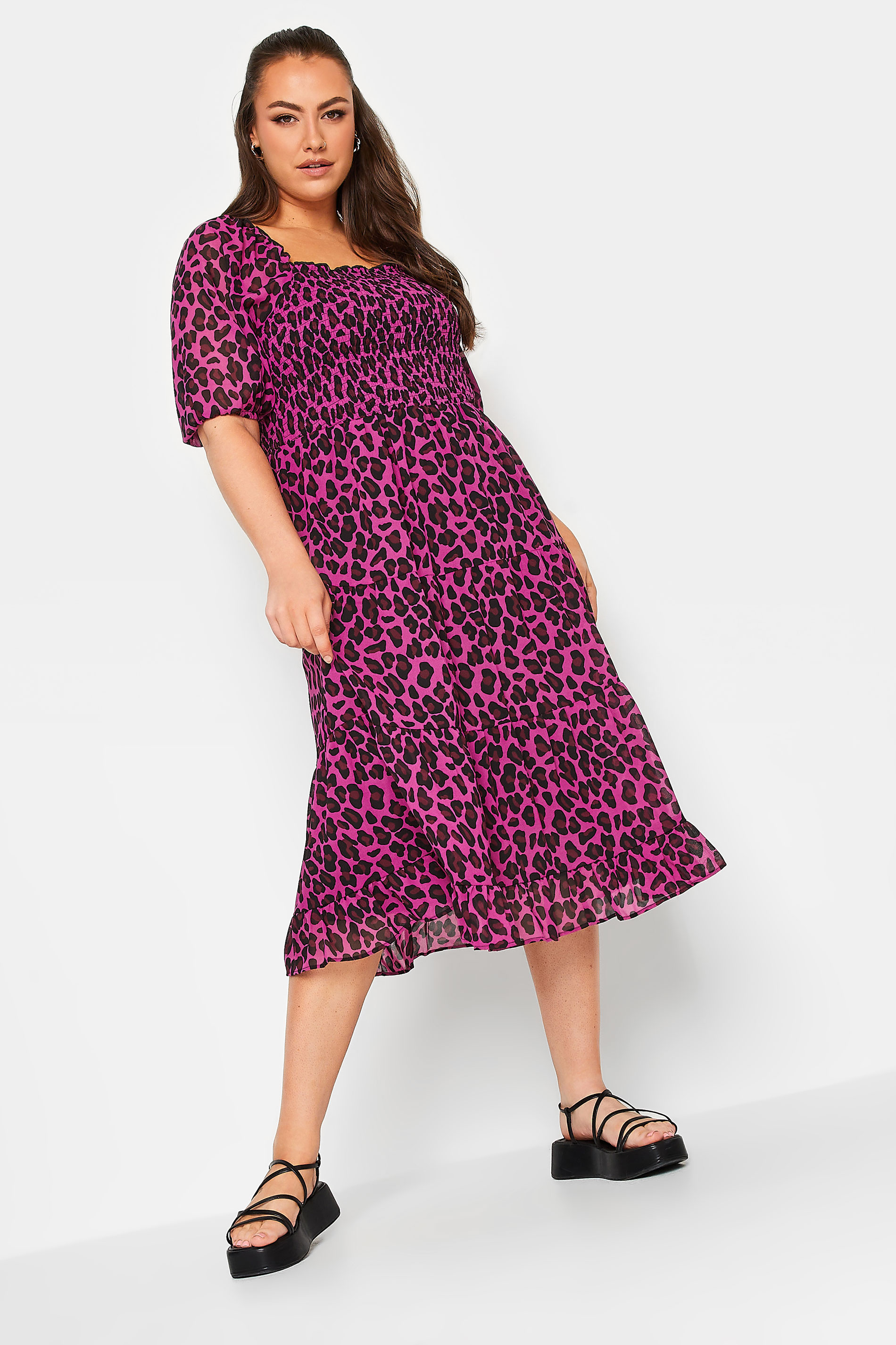 YOURS Curve Plus Size Hot Pink Leopard Print Midi Shirred Dress | Yours Clothing  1
