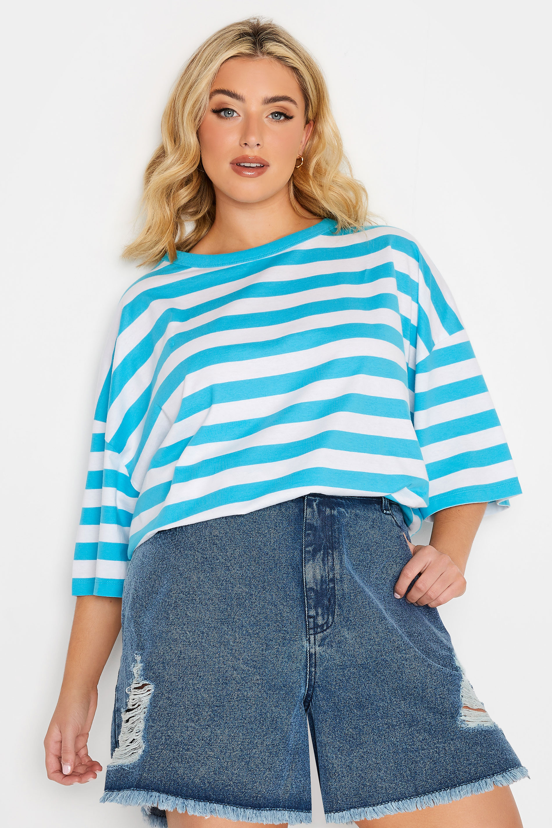 Plus Size Mid Blue Ripped Floaty Denim Shorts | Yours Clothing  1